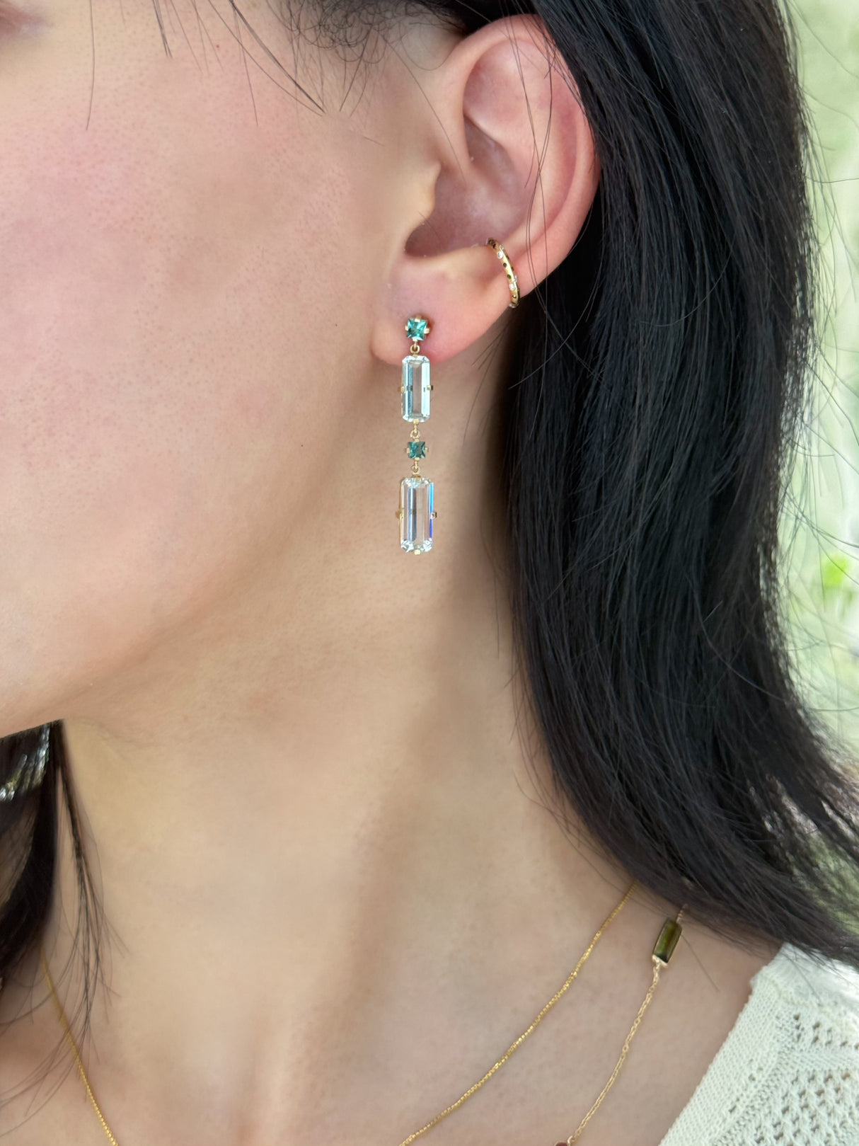 Lagoon Tourmaline Aquamarine Cascade Bar Earrings 18k gold Handmade fine jewelry on model