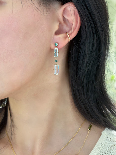Lagoon Tourmaline Aquamarine Cascade Bar Earrings 18k gold Handmade fine jewelry on model