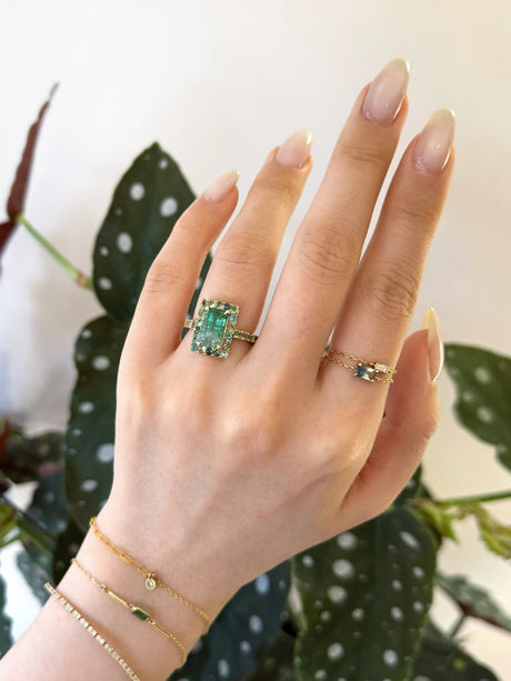 Lagoon Tourmaline Candy Ring 18K gold engangement ring on model