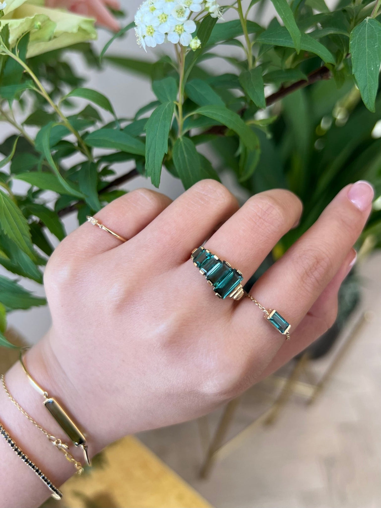 Lagoon Tourmaline Crescendo Ring 18k gold engagement ring  on model