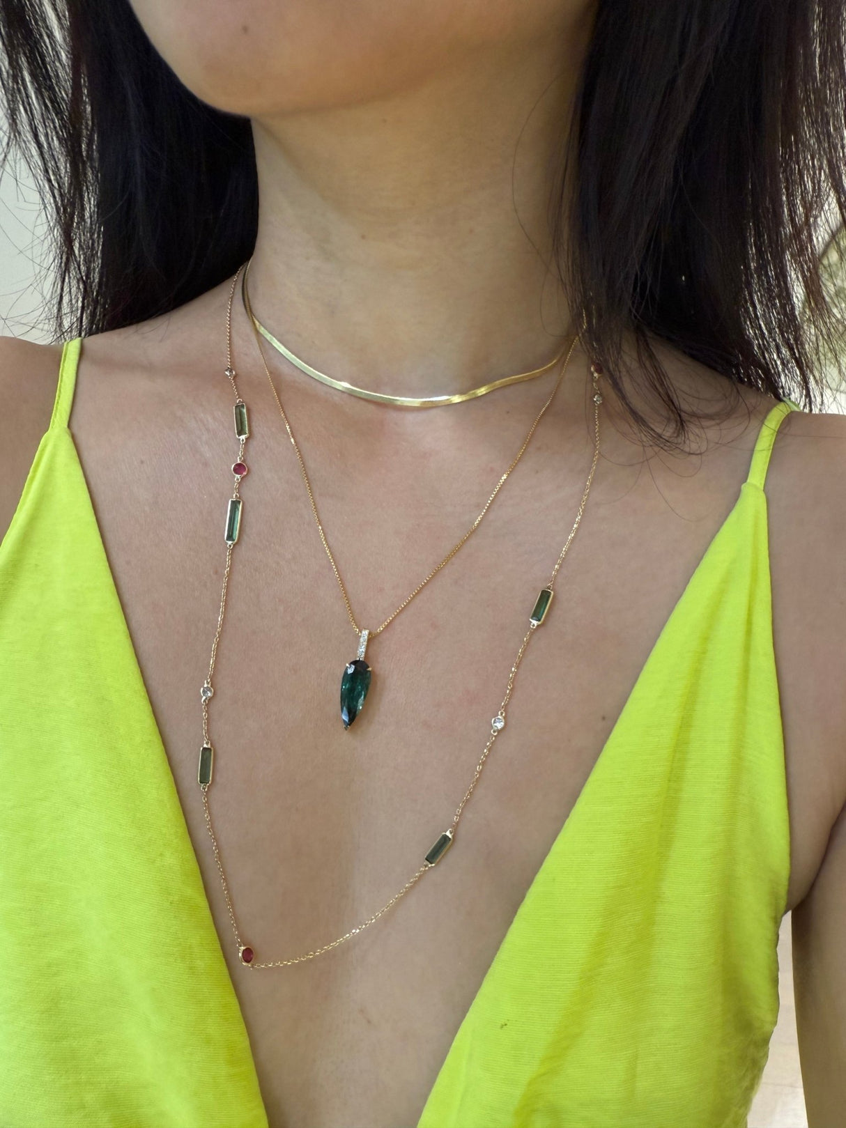 Lagoon Tourmaline & Diamond Arrow Dewdrop Pendant Necklace 18k handmade fine jewelry on model