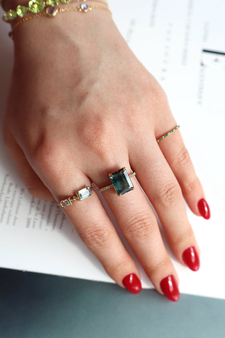 Lagoon Watermelon Tourmaline & Diamond Bar Ring 18K engagement ring on model