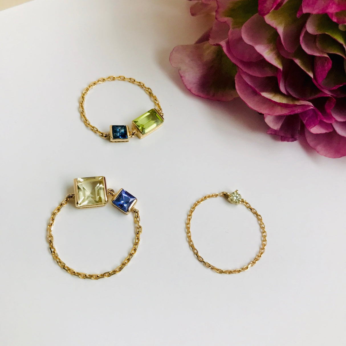 Lemon Quartz & Tanzanite Chain Ring 18k gold Stackable ring side