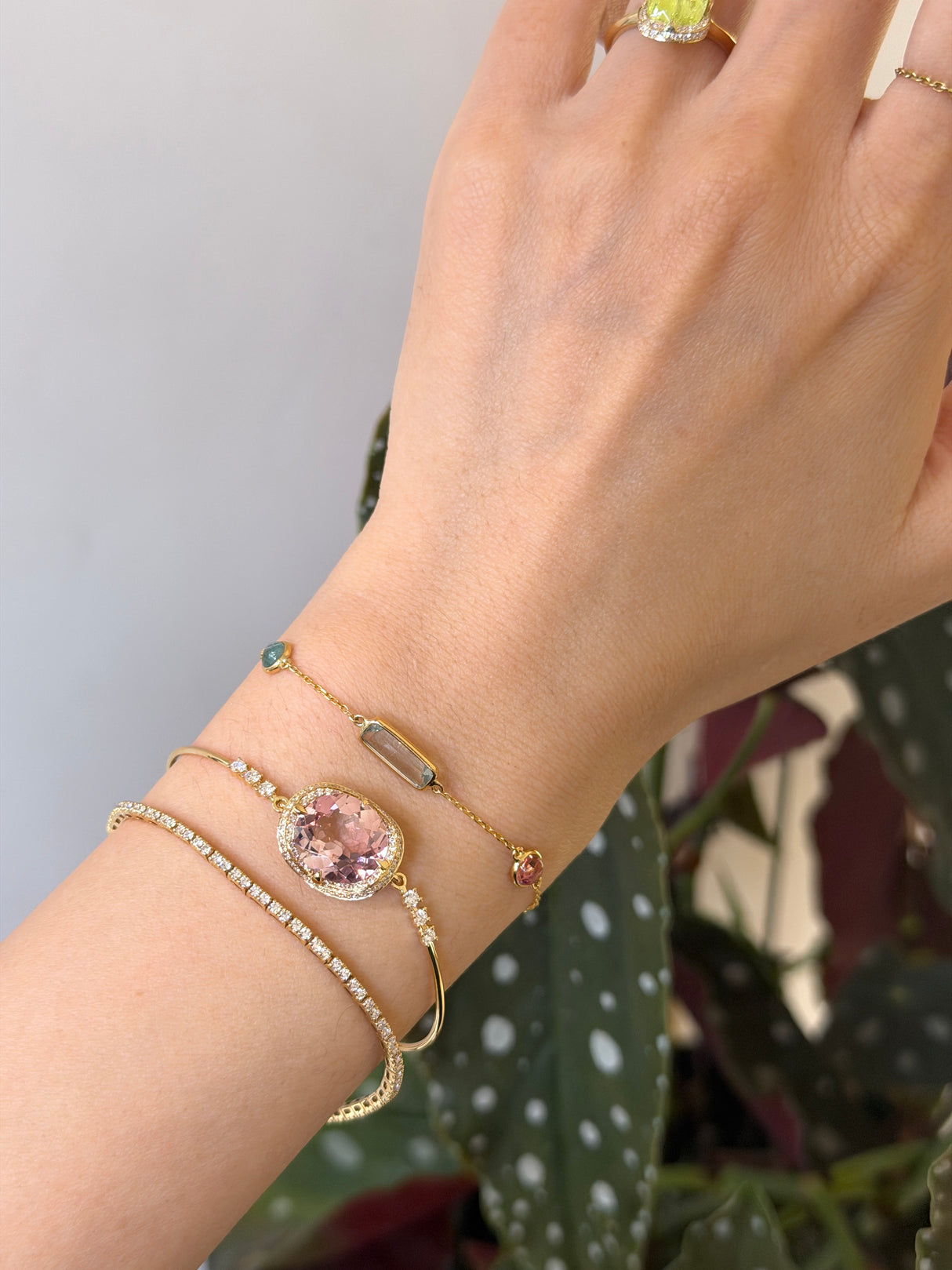 Light Pink Tourmaline Aurora Bangle 18K Gold Stackable Design on model 1