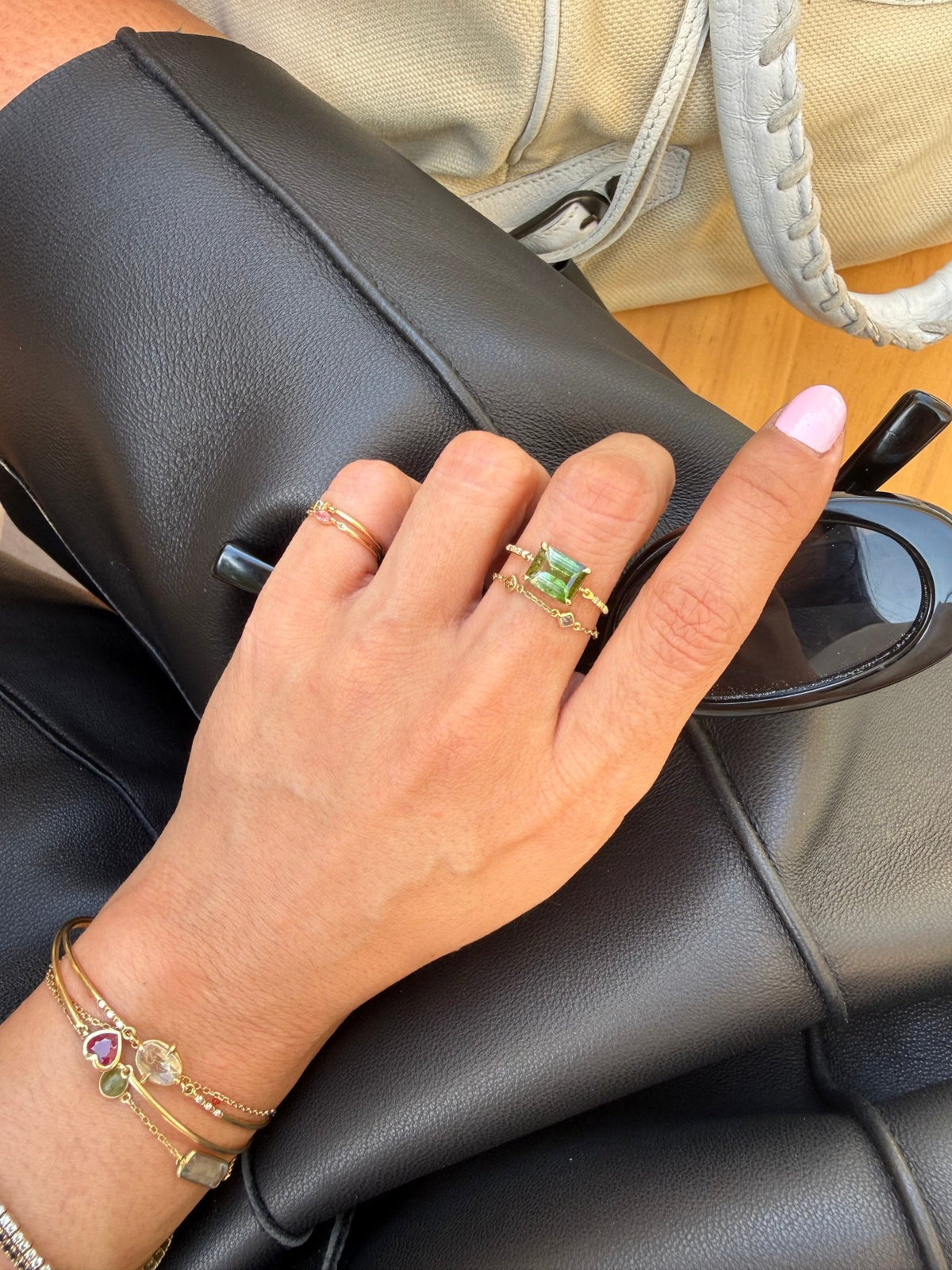Lime Watermelon Tourmaline Petite Circle Diamond Ring 18K gold stackable ring on model 1