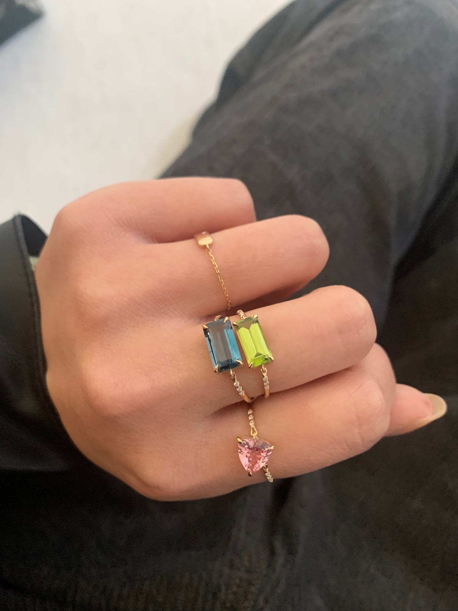 London Blue Topaz Petite Circle Diamond Ring 18k gold engagement ring on model 2