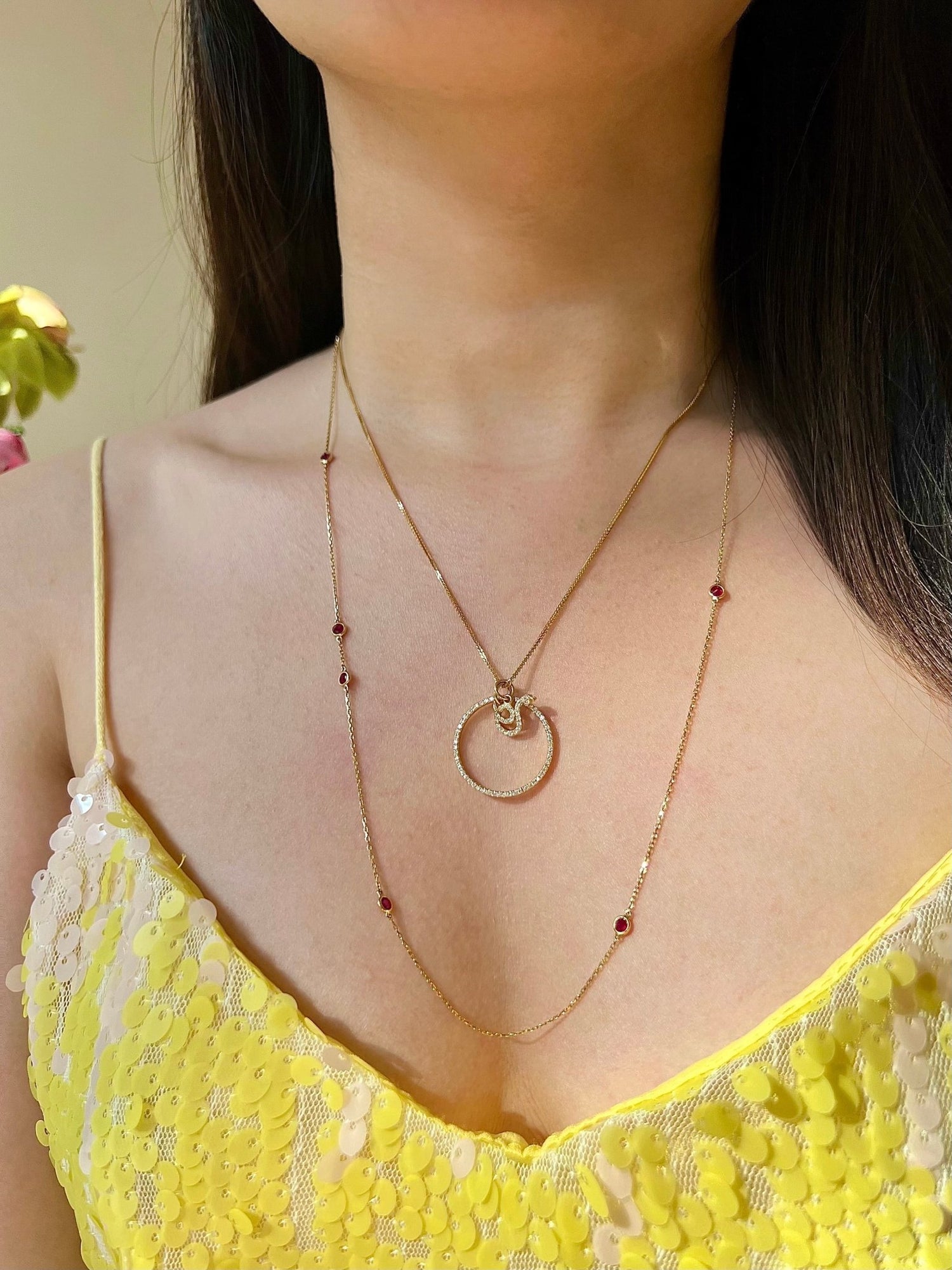 Long Ruby Dot Necklace 18k handmade fine jewelry on model 3
