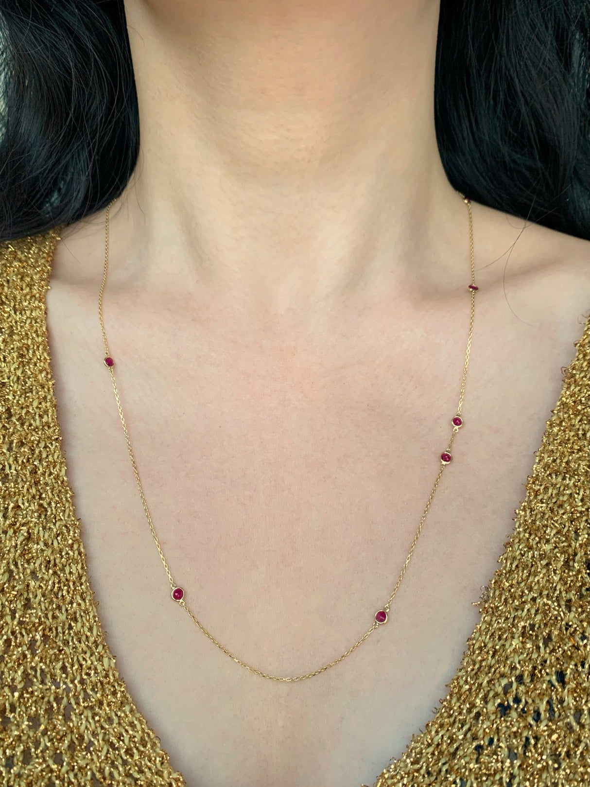 Long Ruby Dot Necklace 18k handmade fine jewelry on model 4