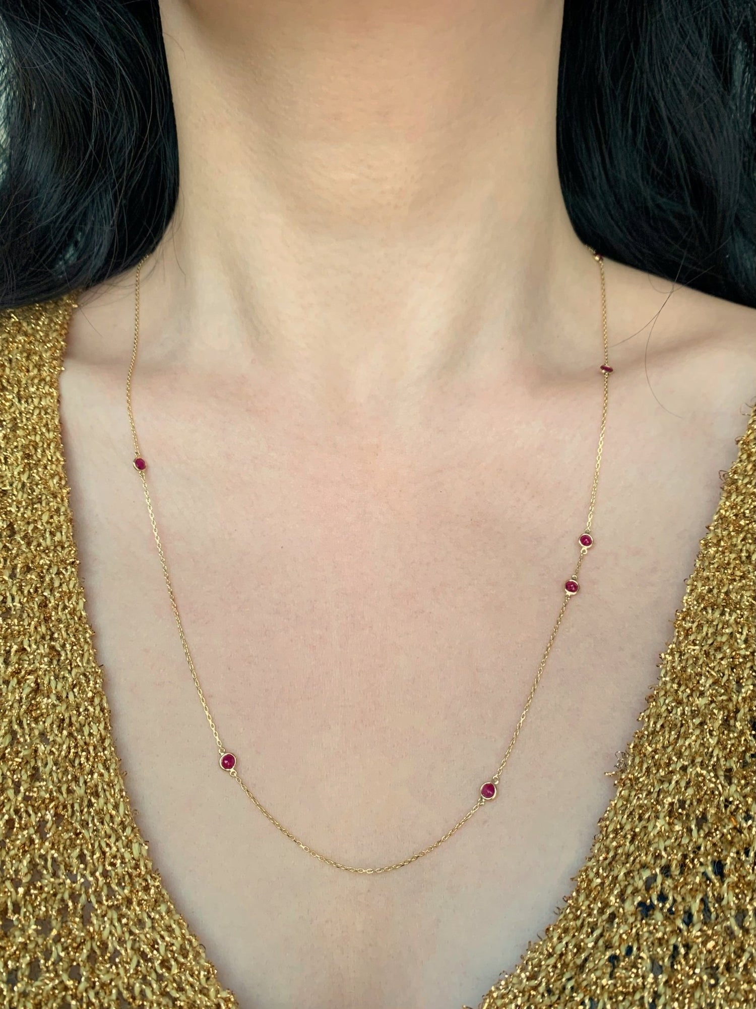 Long Ruby Dot Necklace 18k handmade fine jewelry on model 4