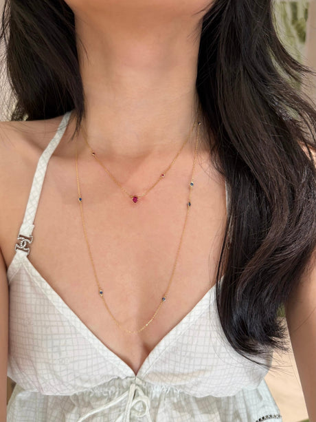 Long Sapphire Dot Necklace 18k gold Handmade fine jewelry on model