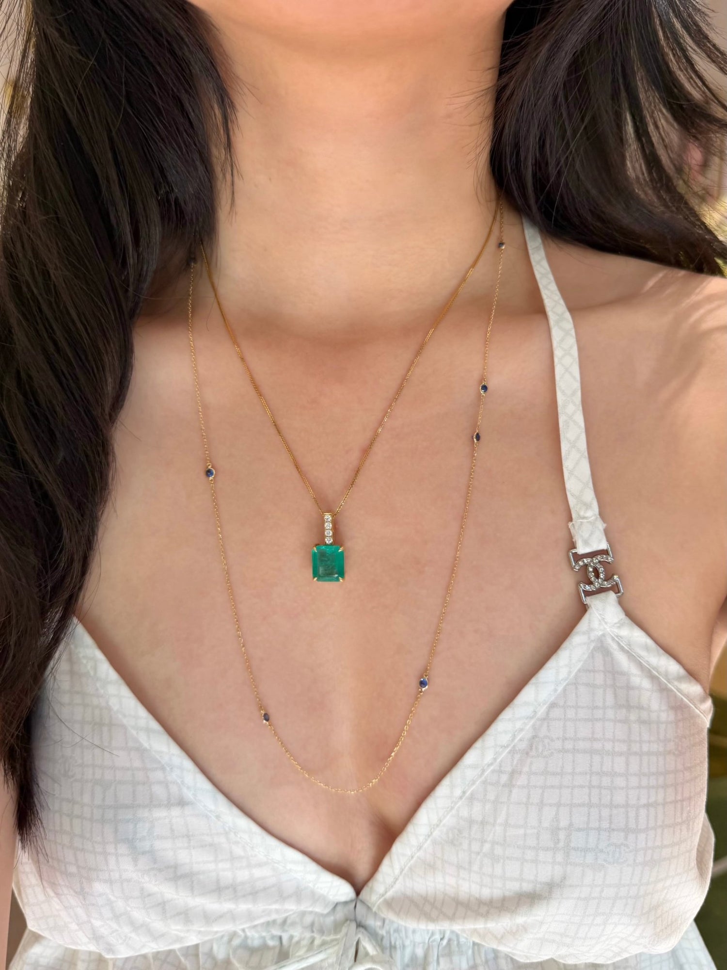 Long Sapphire Dot Necklace 18k gold Handmade fine jewelry on model 2