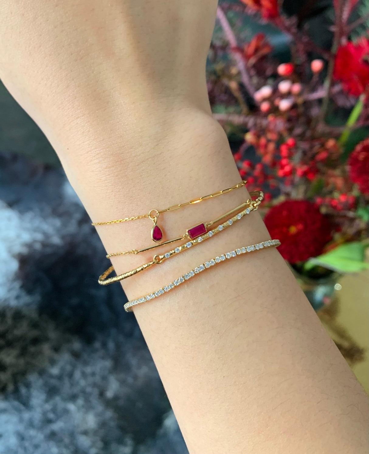 Lucky Ruby Duo Bracelet 18k gold stackable design on model 2
