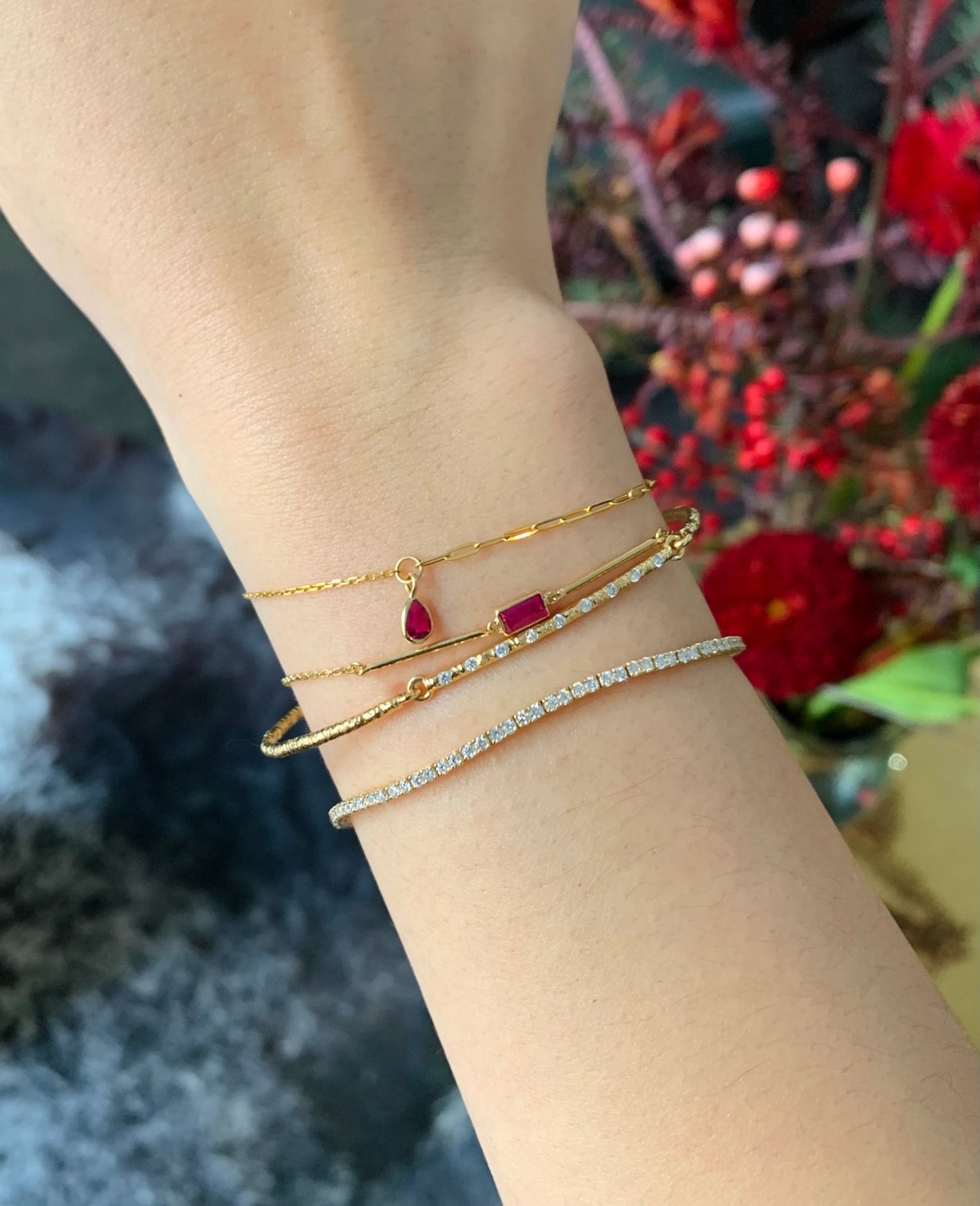 Lucky Ruby Duo Bracelet 18k gold stackable design on model 2