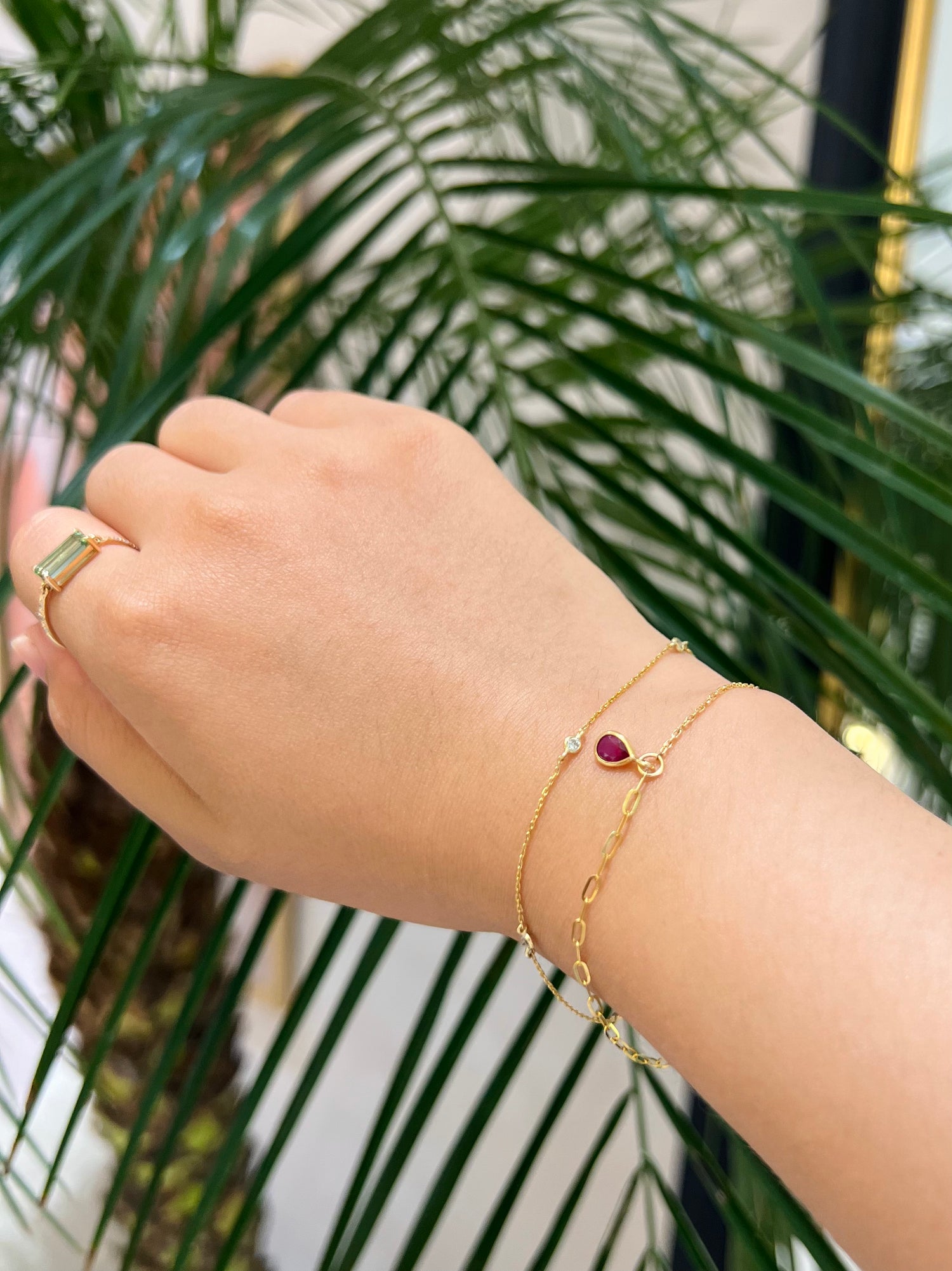 Lucky Ruby Duo Bracelet 18k gold stackable design on model 3