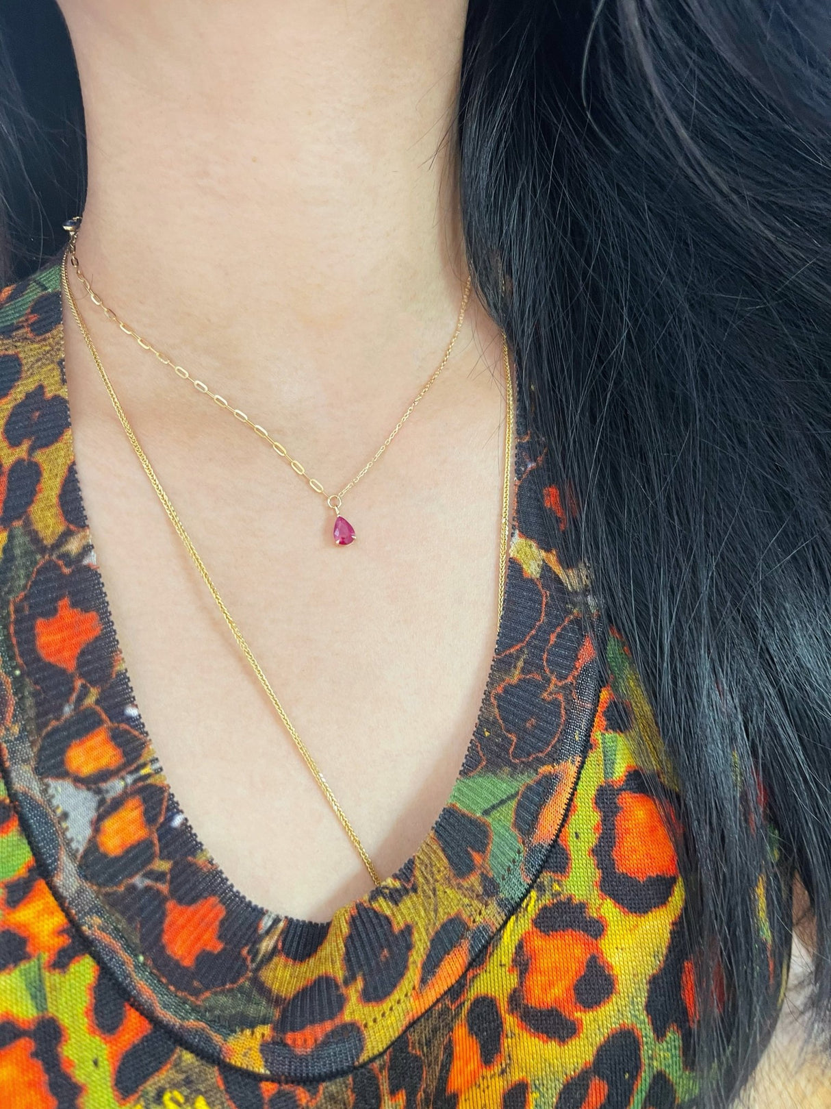 Lucky Ruby Duo Necklace in 18k gold handmade fine jewelry on model