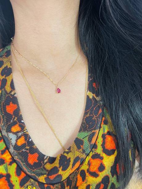 Lucky Ruby Duo Necklace in 18k gold handmade fine jewelry on model