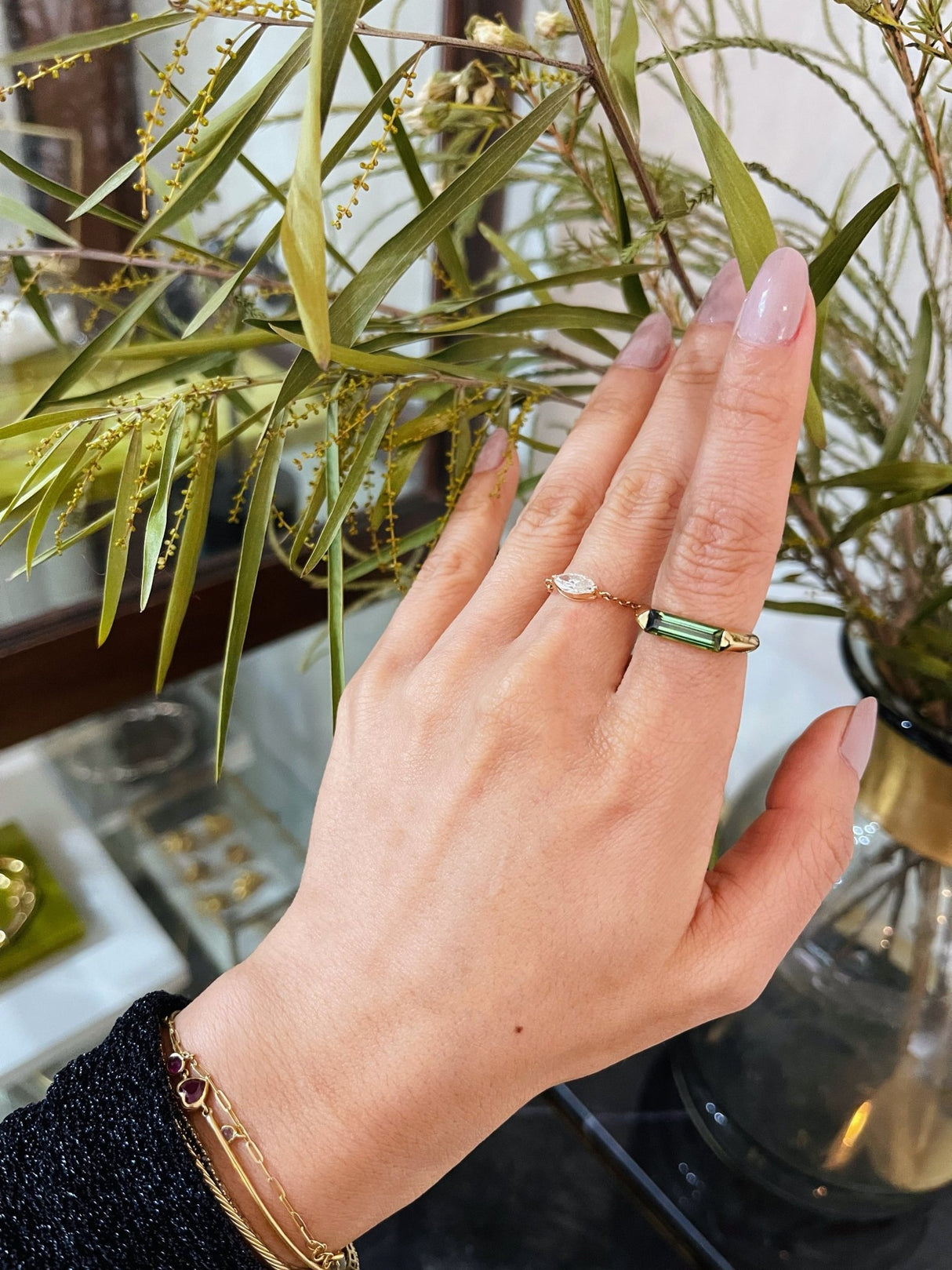 Madison Tourmaline Bar Ring 18k gold Stackable ring on model