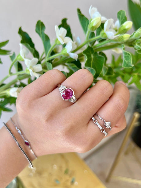 Magenta Sapphire & Diamond Everlasting Ring Platinum engagement ring on model