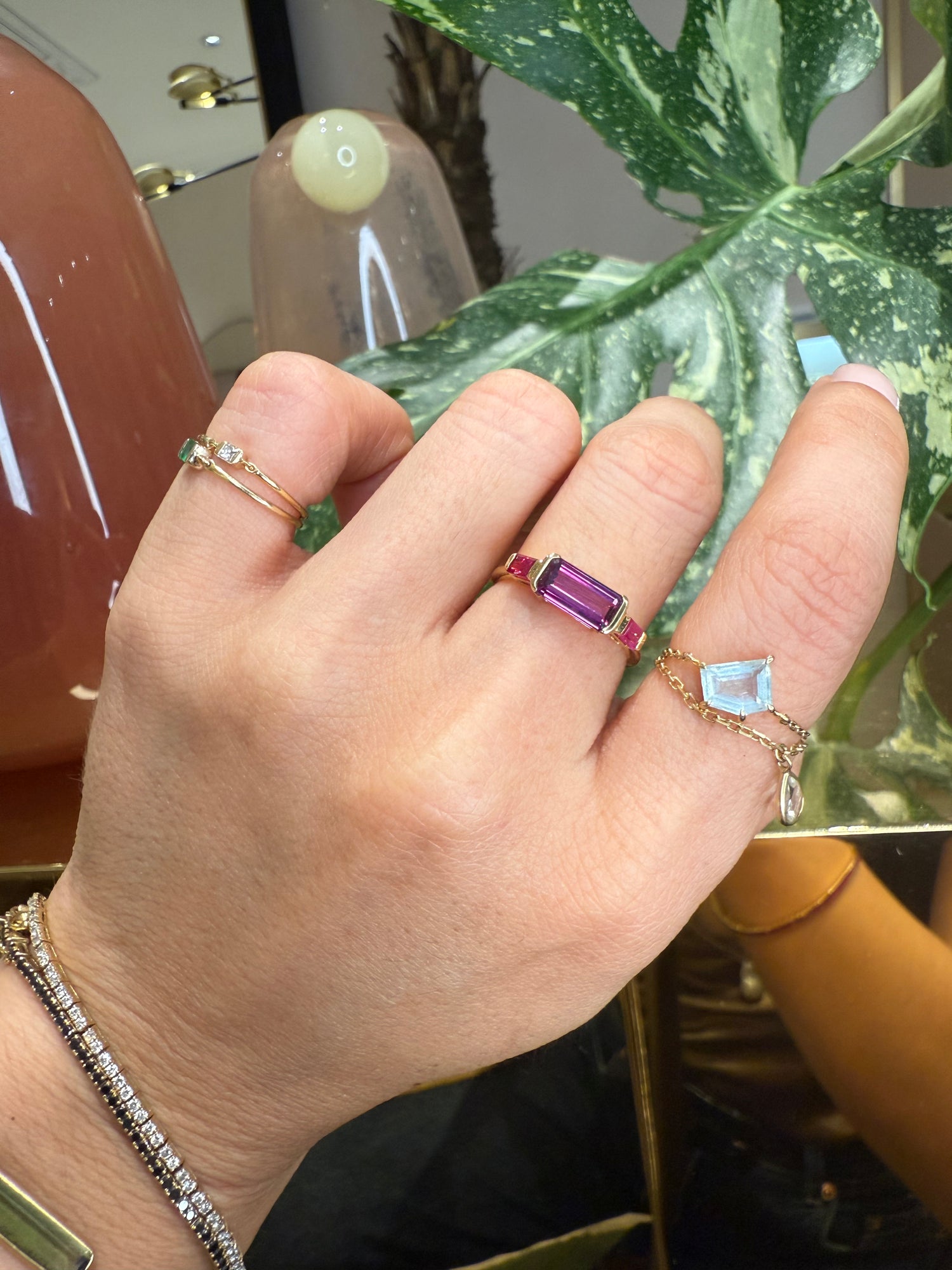 Magenta Sapphire & Ruby East West Bar Ring 18k gold Stackable ring on model