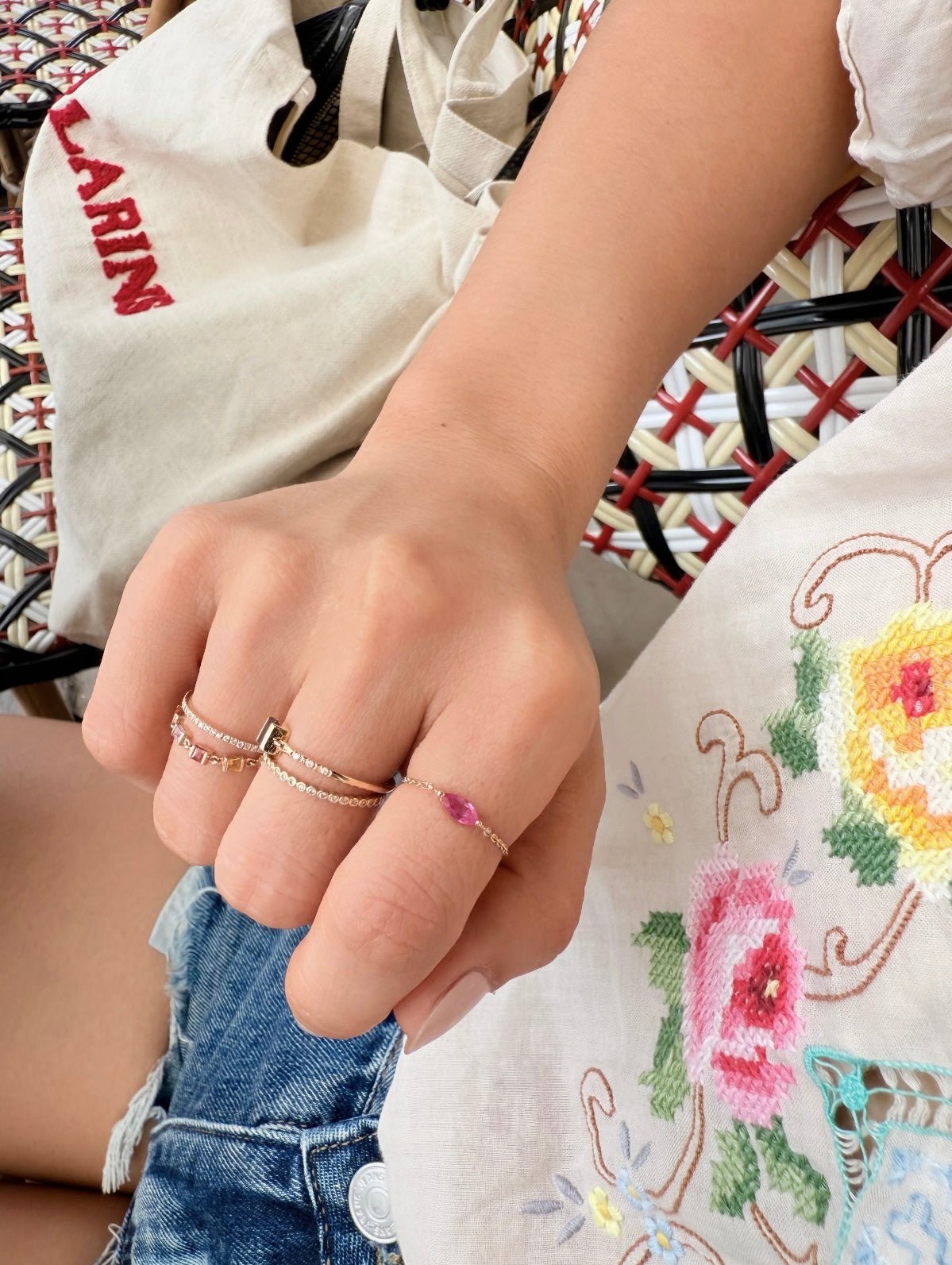 Magenta Sapphire marquise Chain Ring 14k gold Stackable ring on model