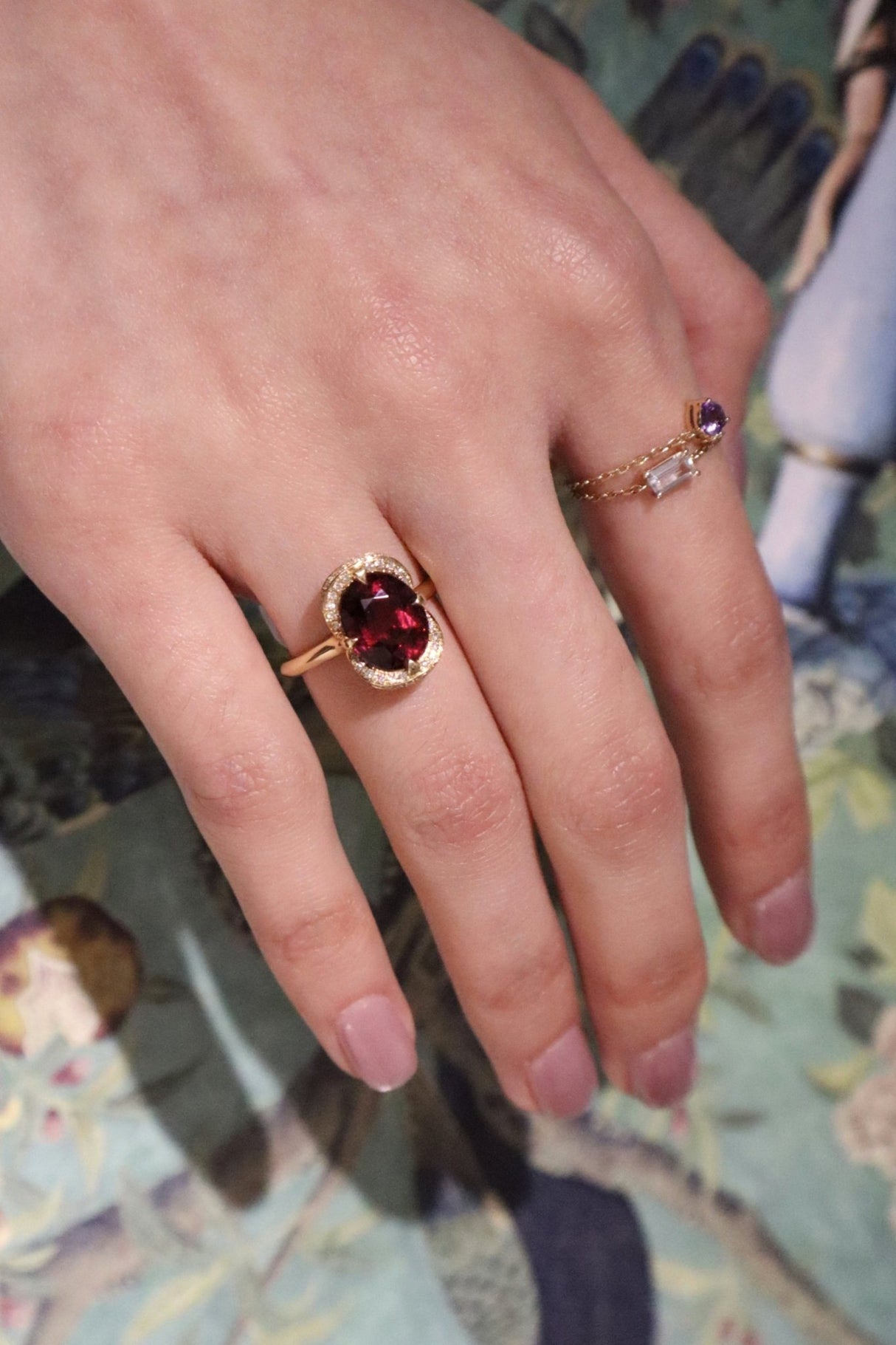 Malaya Garnet Supreme Aurora Ring 18K engagement ring on model