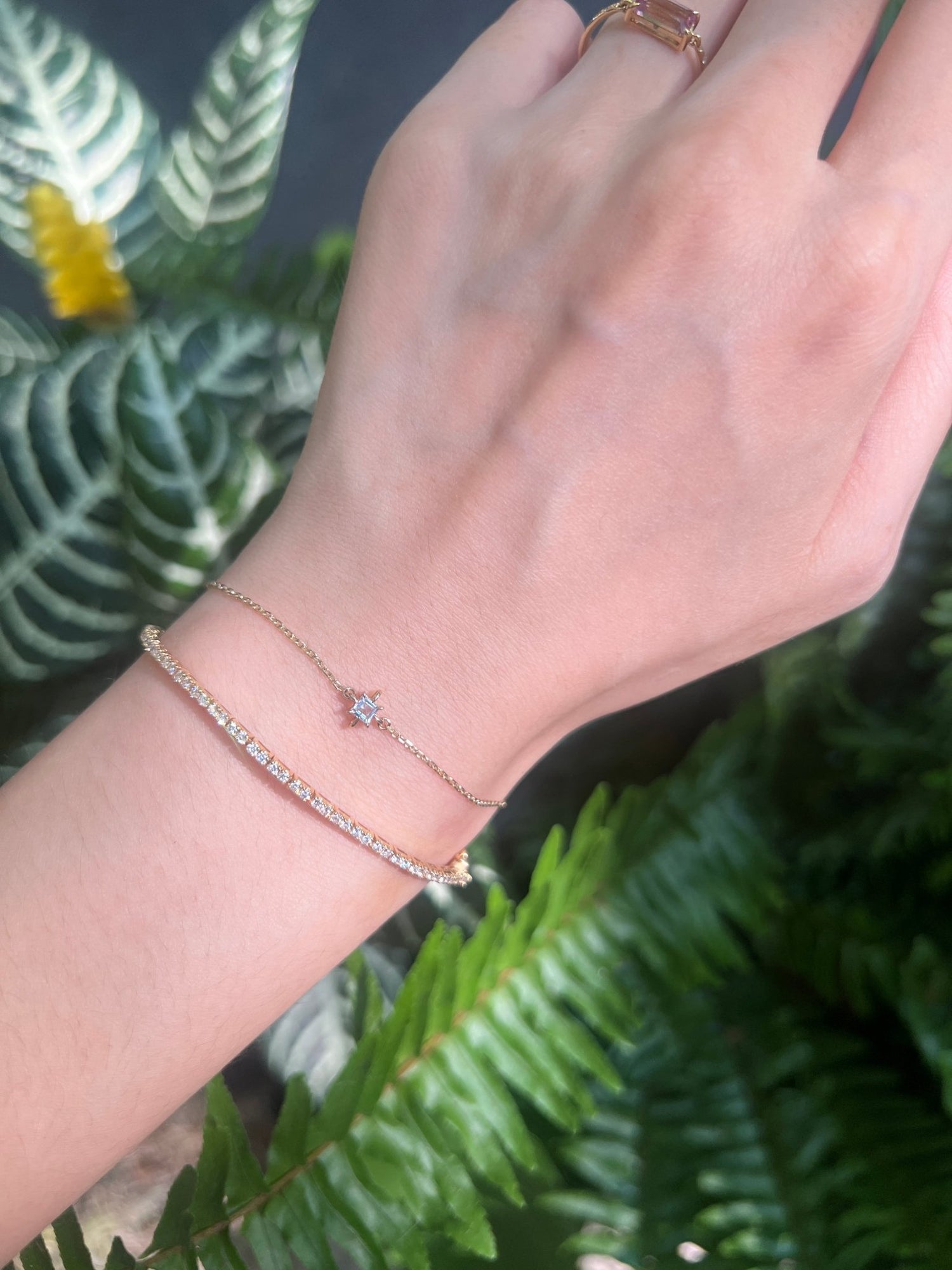 March Birthstone Aquamarine Bracelet 14k gold stackable design on model