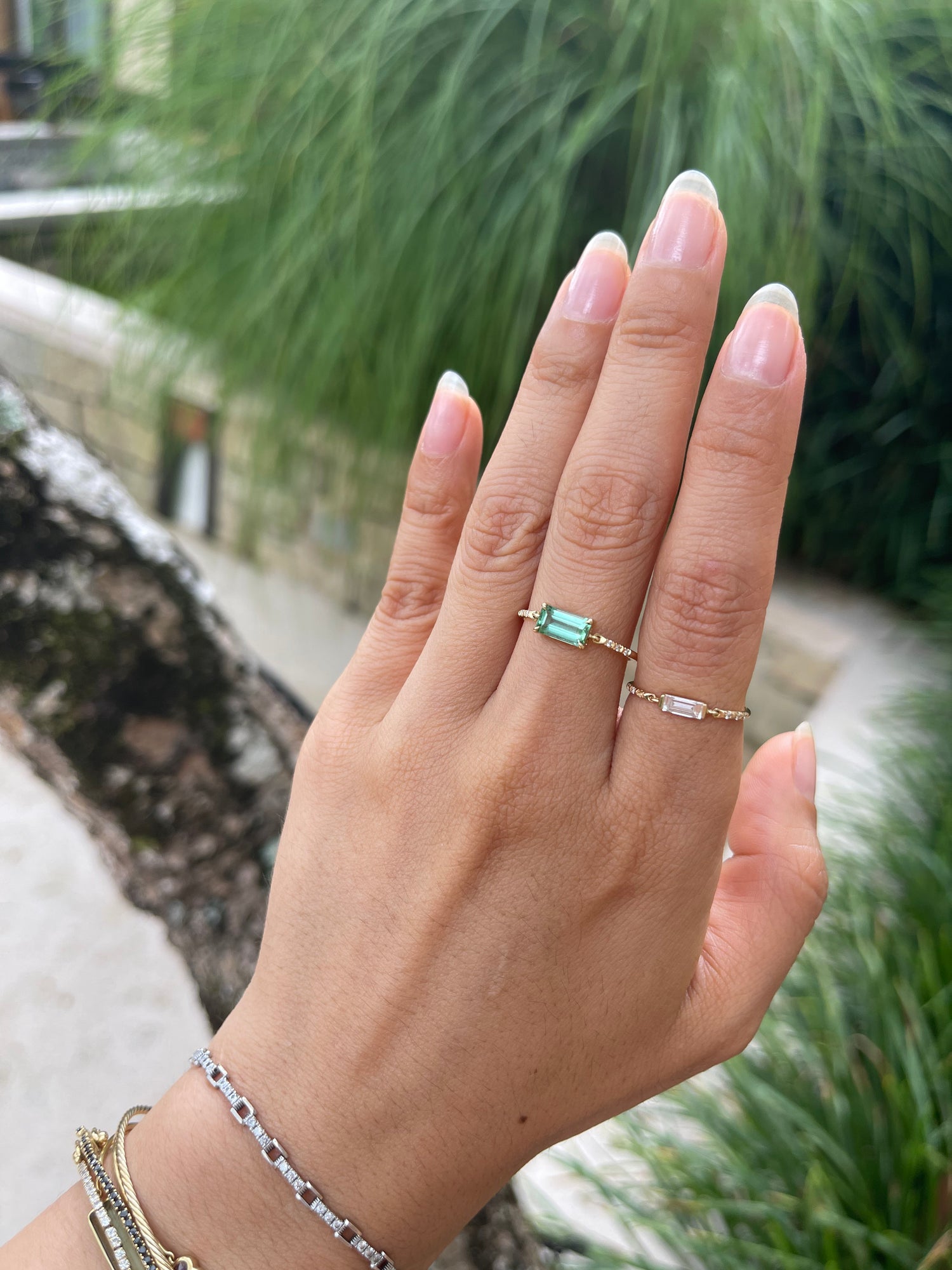 Mint Tourmaline Petite Circle Diamond Ring 18k gold stackable ring on model