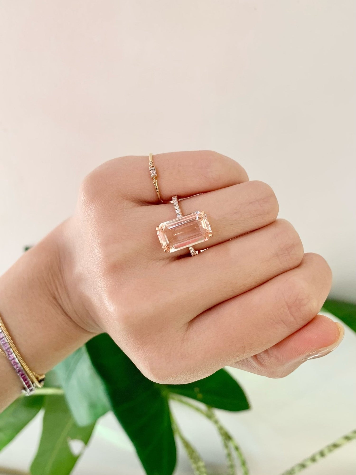 Morganite & Diamond Bar Supreme Ring 18k gold engagement ring on model