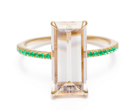Morganite & Emerald Bar Ring 18k gold stackable ring