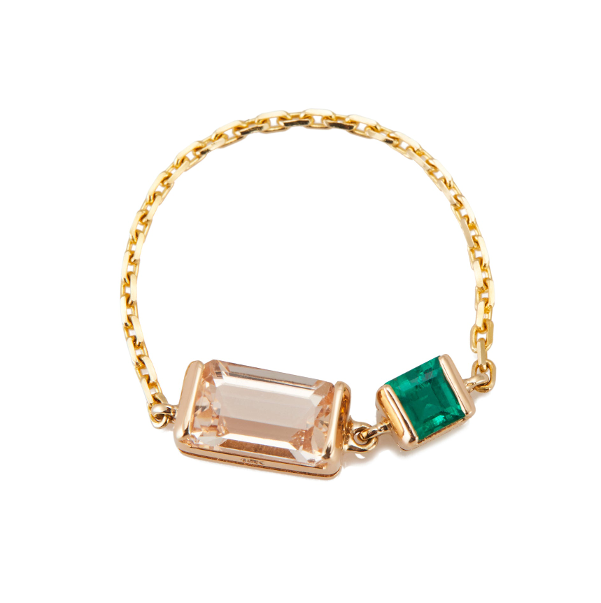 Morganite & Emerald Chain Ring