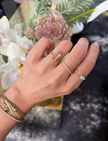 Morganite & Green Diamond Ring 18k gold stackable ring on model