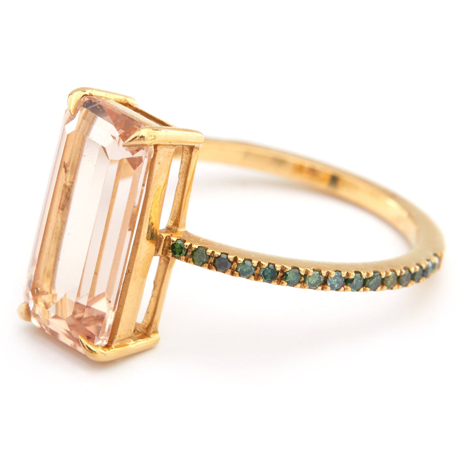Morganite & Green Diamond Ring 18k gold stackable ring side view