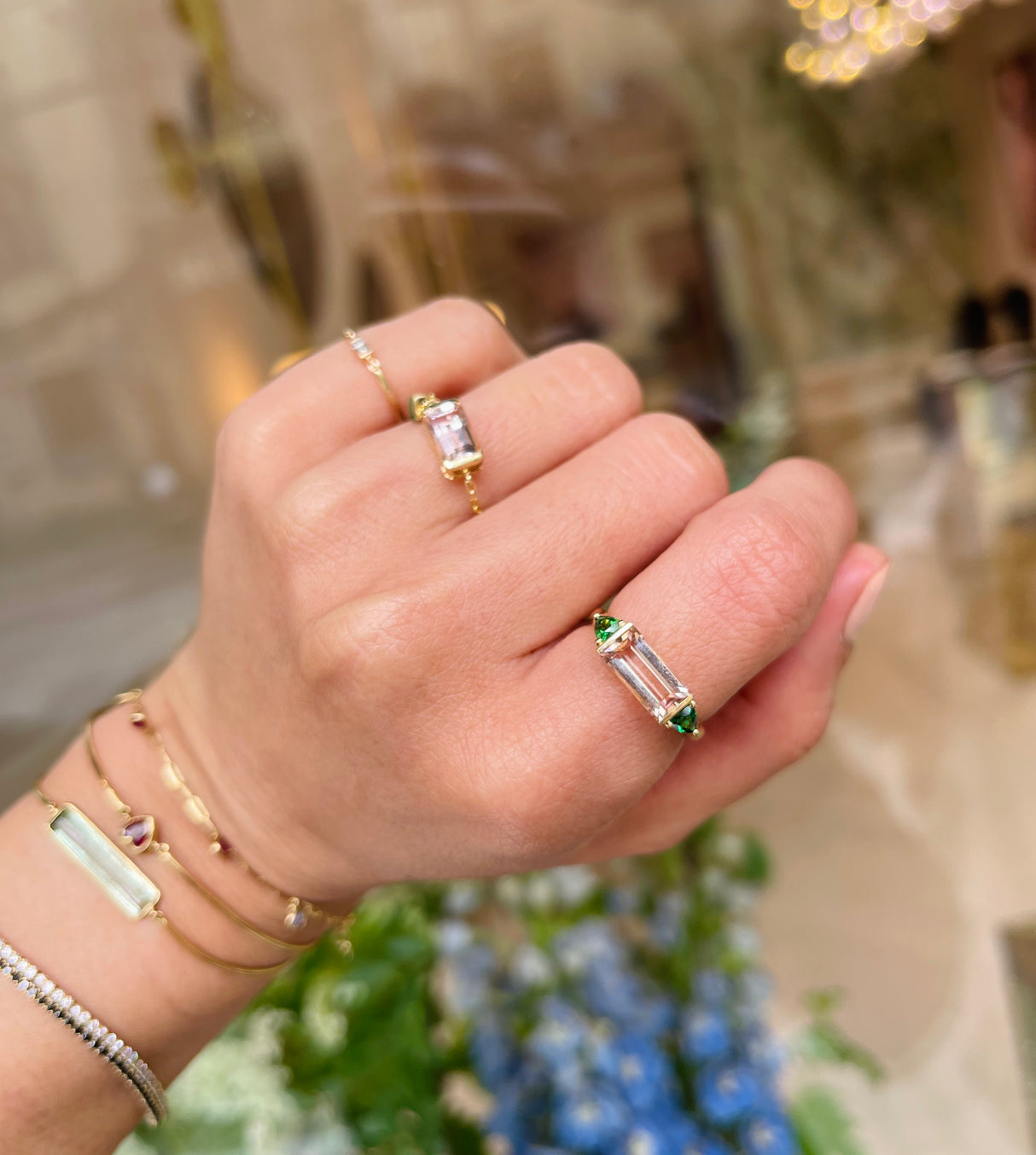 Morganite & Tsavorite East West Bar Ring 18k gold stackable ring on model 3