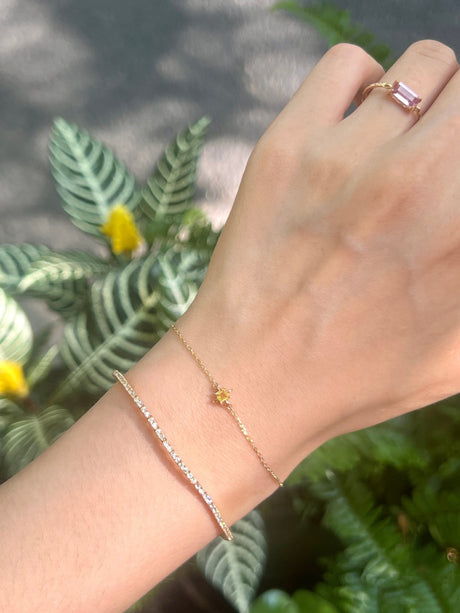 November Birthstone Citrine Bracelet 14k gold stackable design on model