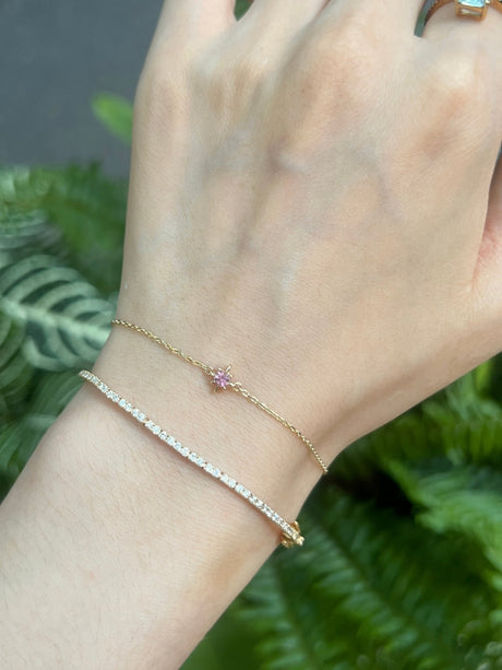 October Birthstone Tourmaline Bracelet 14k gold stackable design on model 2