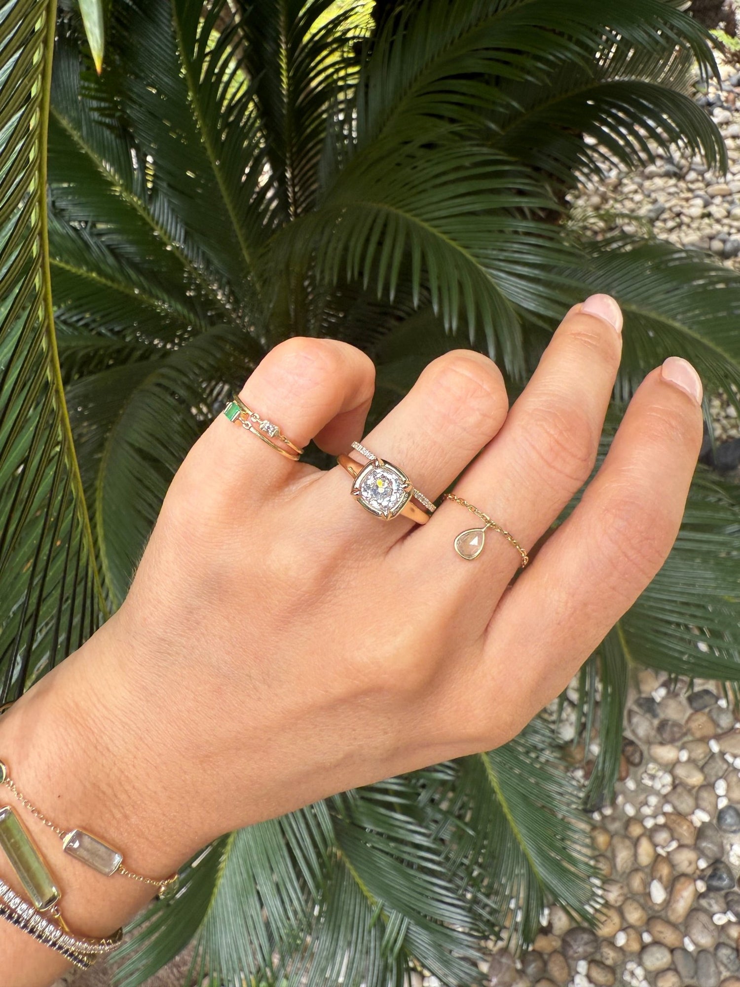 Old Mine Diamond Cushion Ring 18k gold engagement ring on model