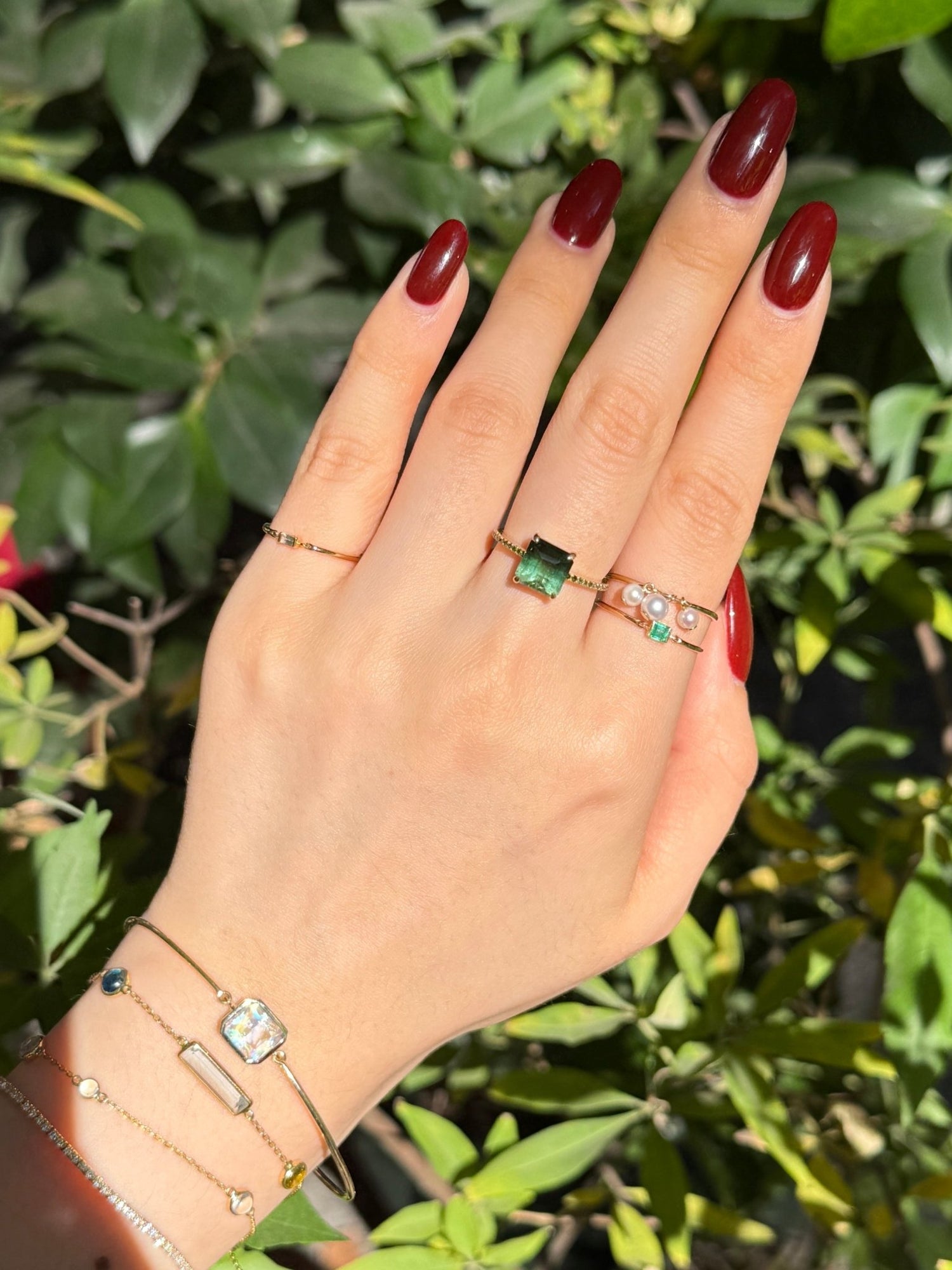 Ombré Green Tourmaline & Green Diamond Bar Ring 18k gold engagement ring on model