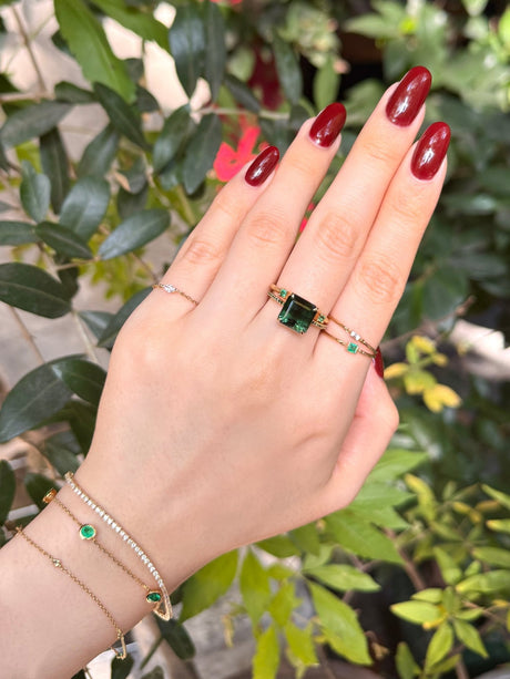 Ombré Green Tourmaline & Green Diamond Raven Bar Ring 18k gold engagement ring on model