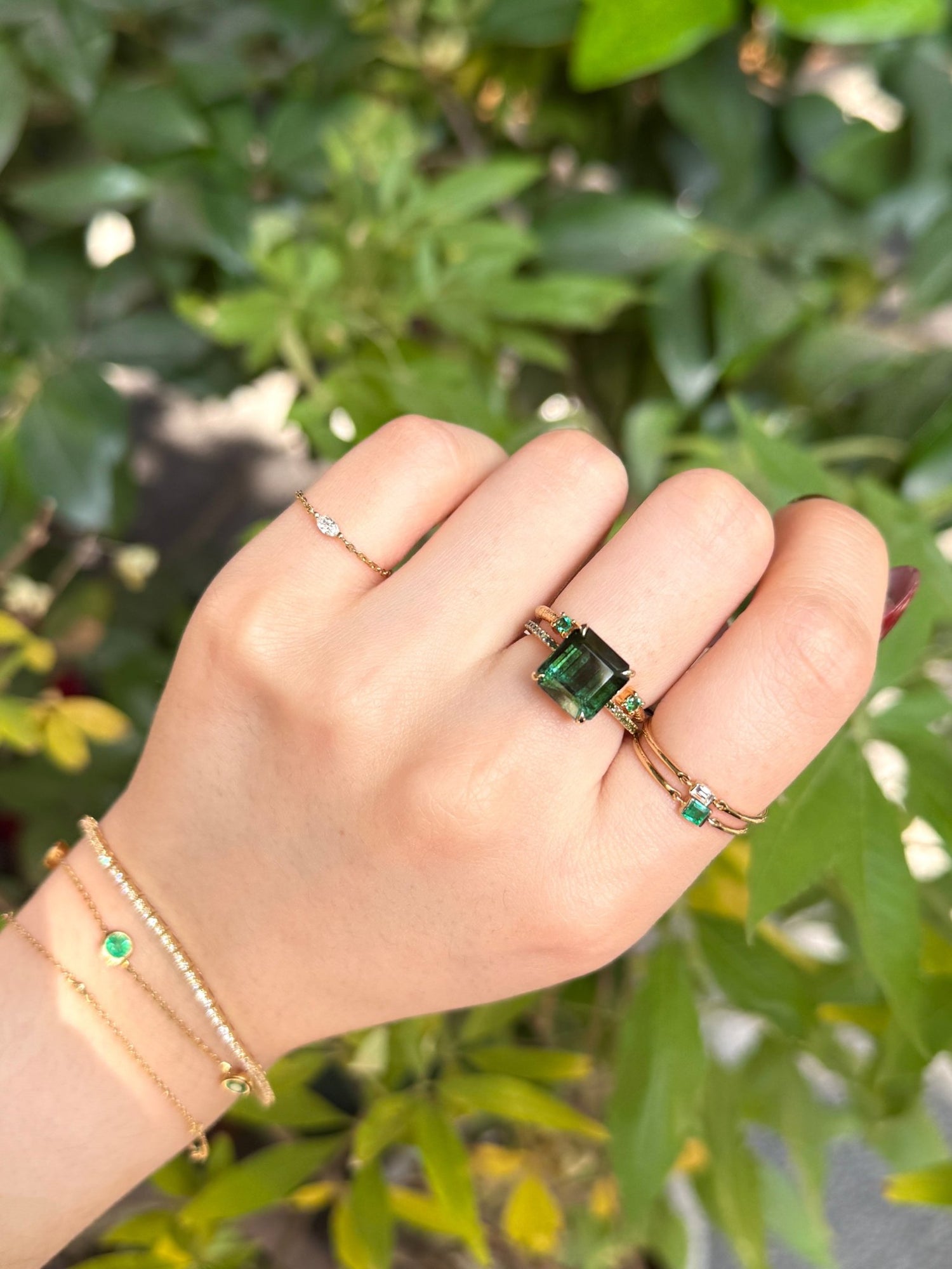 Ombré Green Tourmaline & Green Diamond Raven Bar Ring 18k gold engagement ring on model
