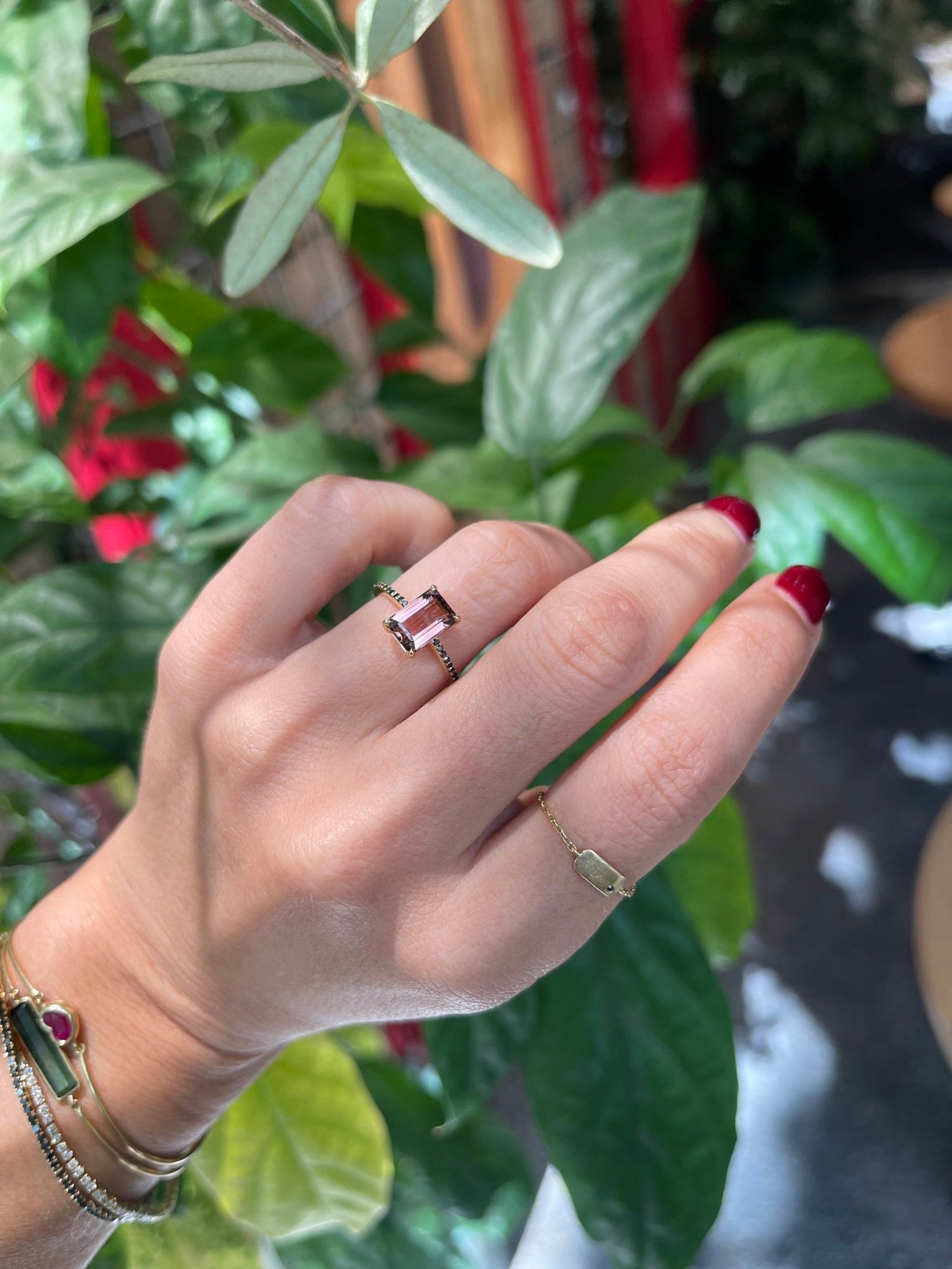 Ombré Tourmaline Protection Bar Ring 18k gold engagement ring on model