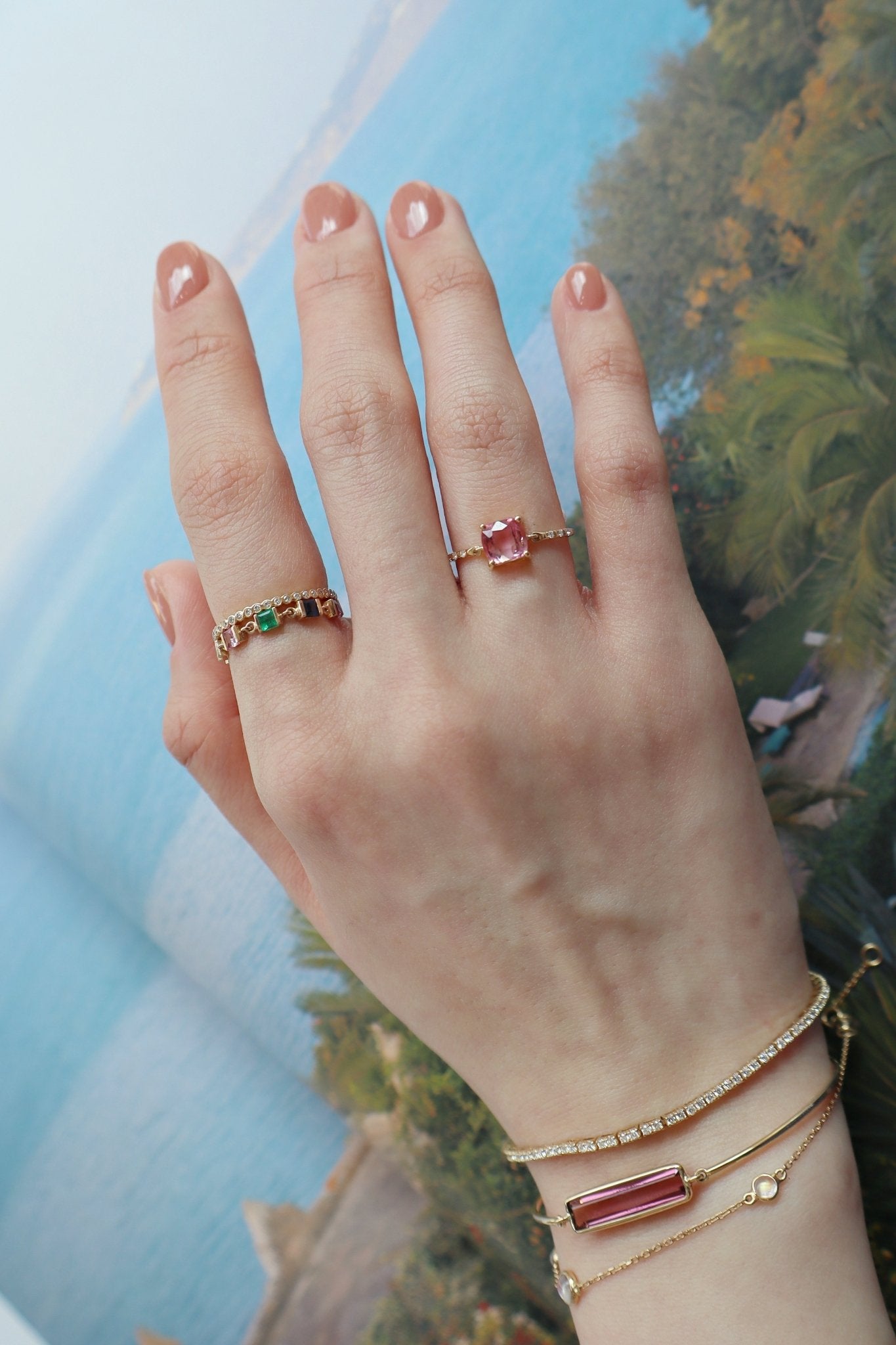 Ombre Pink Tourmaline Petite Circle Diamond Ring  18K Stackable ring on model 1