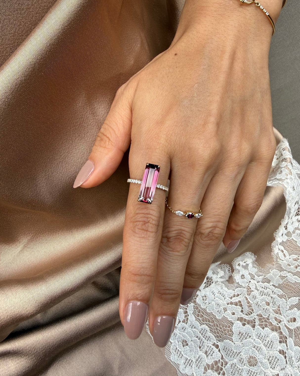 Ombre Pink Tourmaline Ring 18K Gold Engagement Ring on model 1