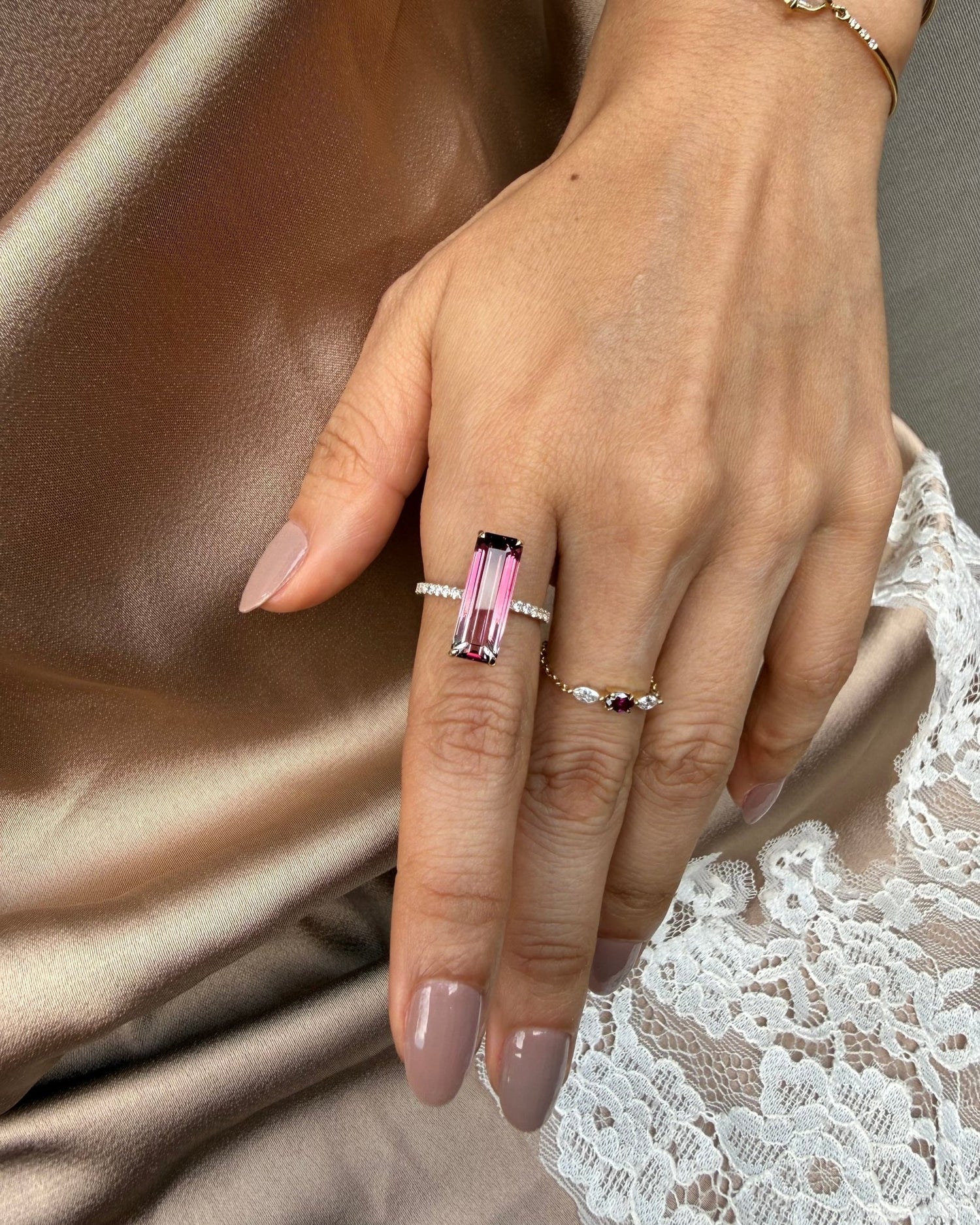 Ombre Pink Tourmaline Ring 18K Gold Engagement Ring on model 1
