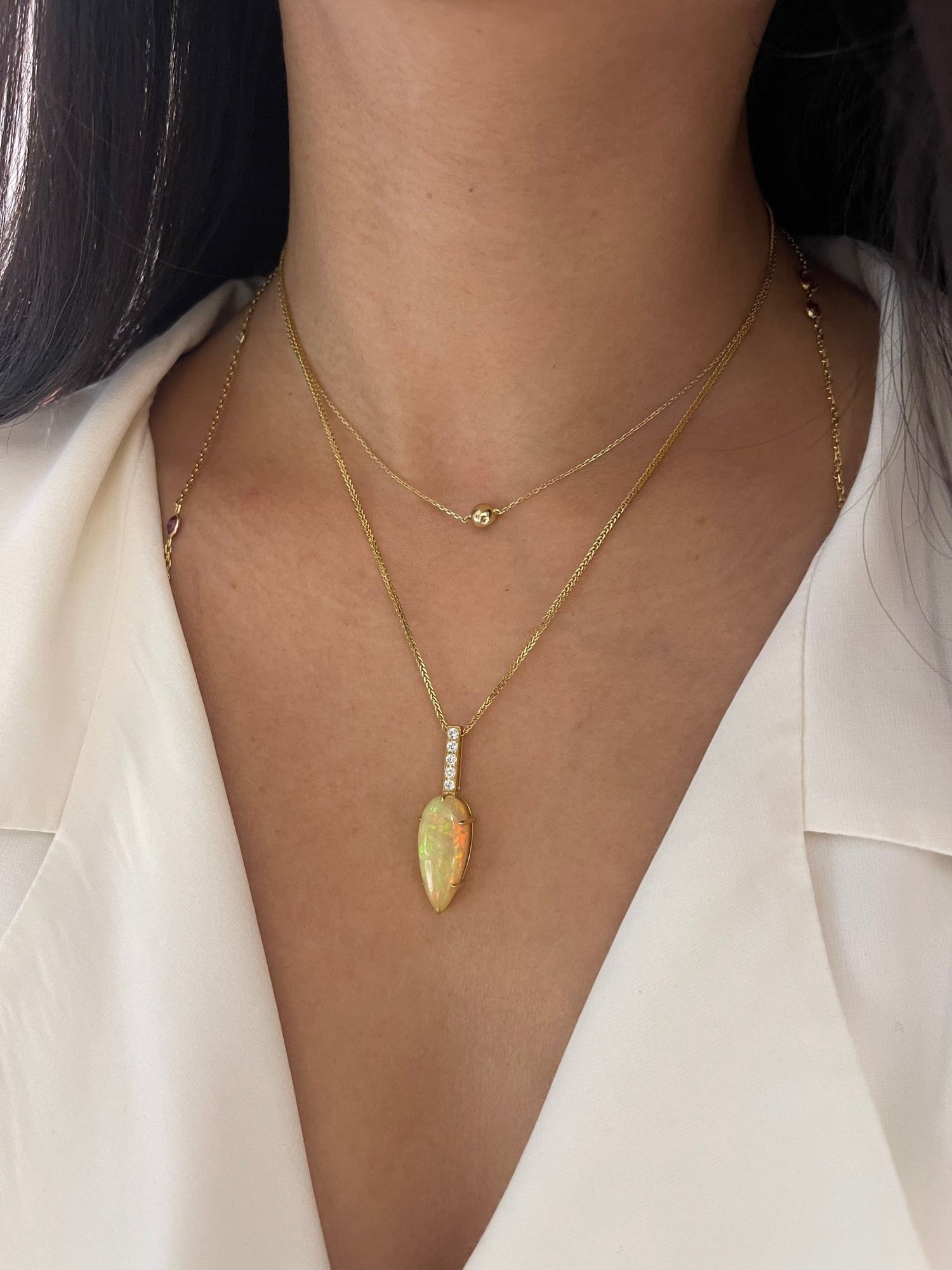Opal & Diamond Arrow Supreme Necklace 18k gold handmade fine jewelry on model