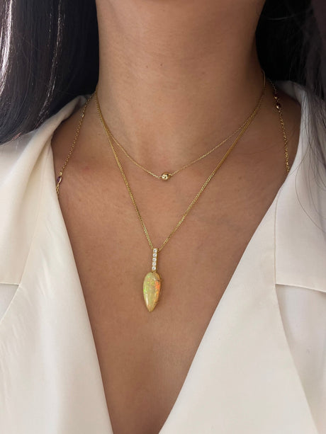 Opal & Diamond Arrow Supreme Necklace 18k gold handmade fine jewelry on model