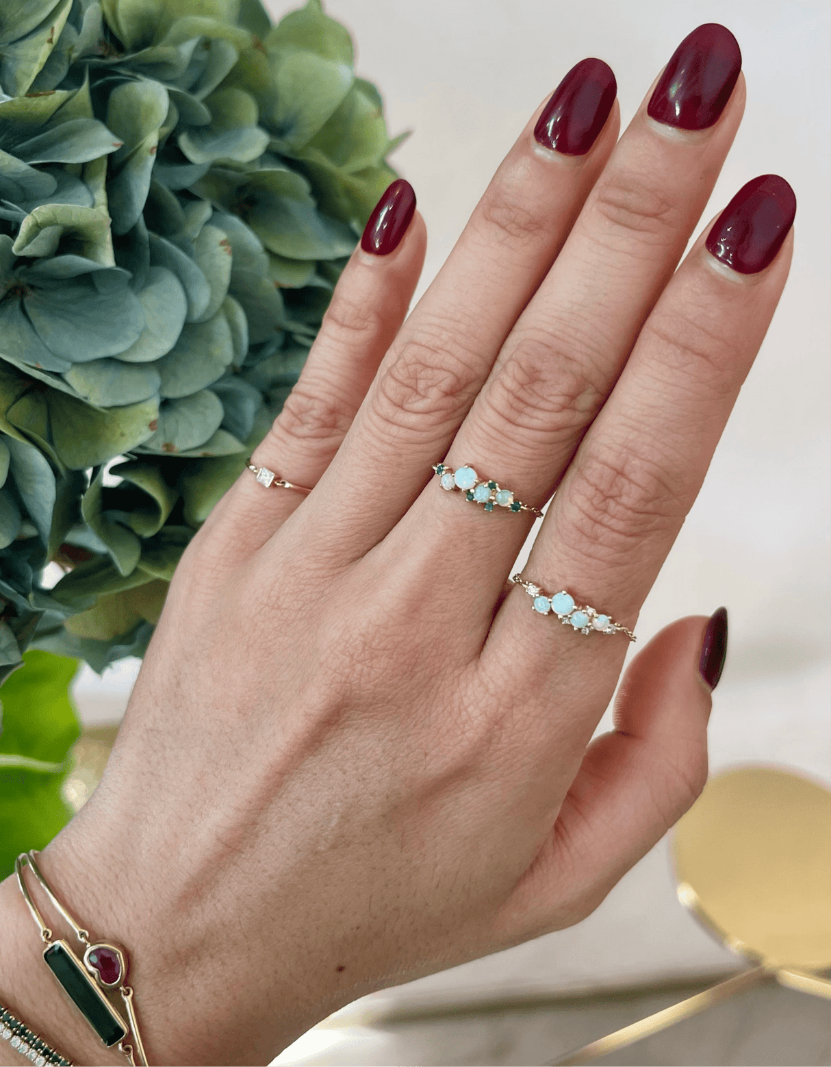 Opal & Diamond Cluster Chain Ring 14k gold Stackable ring on model