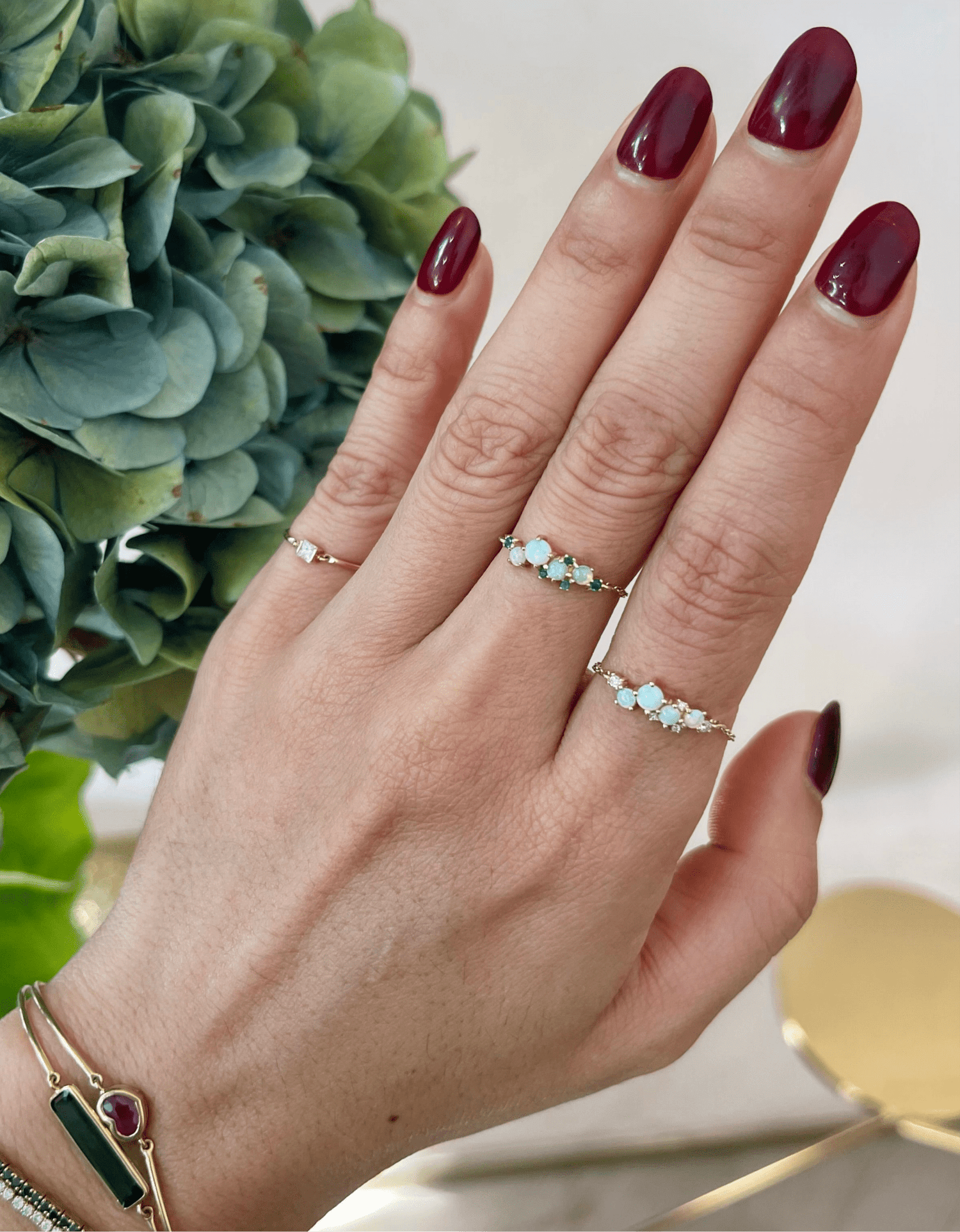 Opal & Diamond Cluster Chain Ring 14k gold Stackable ring on model