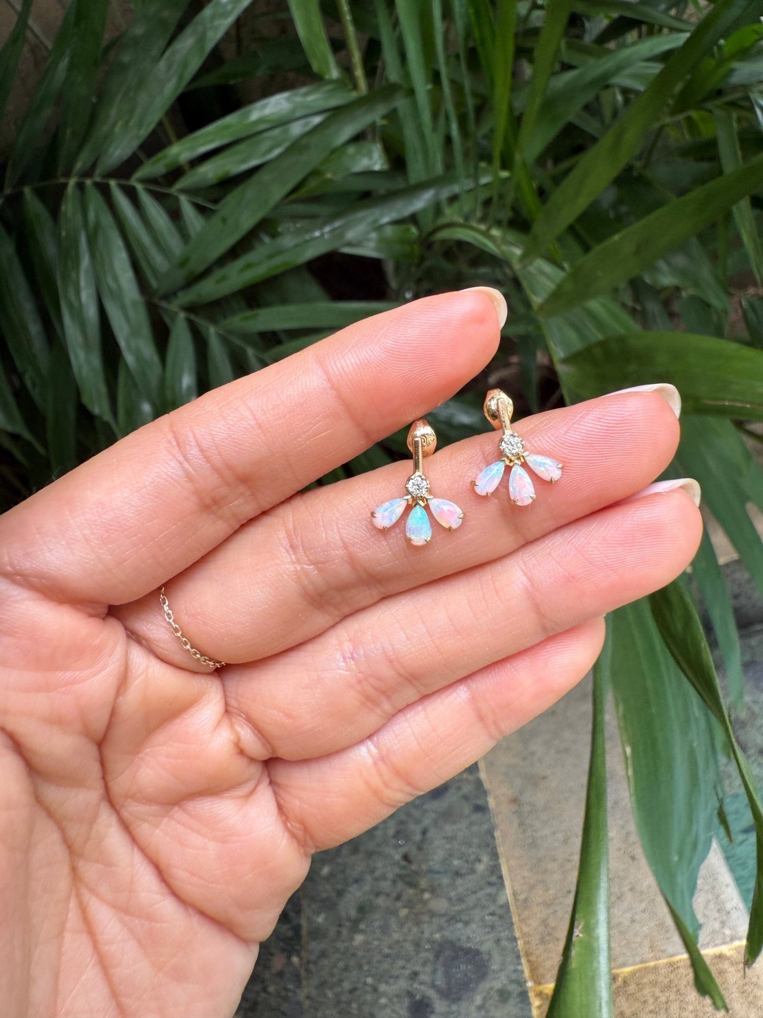 Opal & Diamond Fauna Earrings 18K Gold Handmade Fine Jewelry on model 1