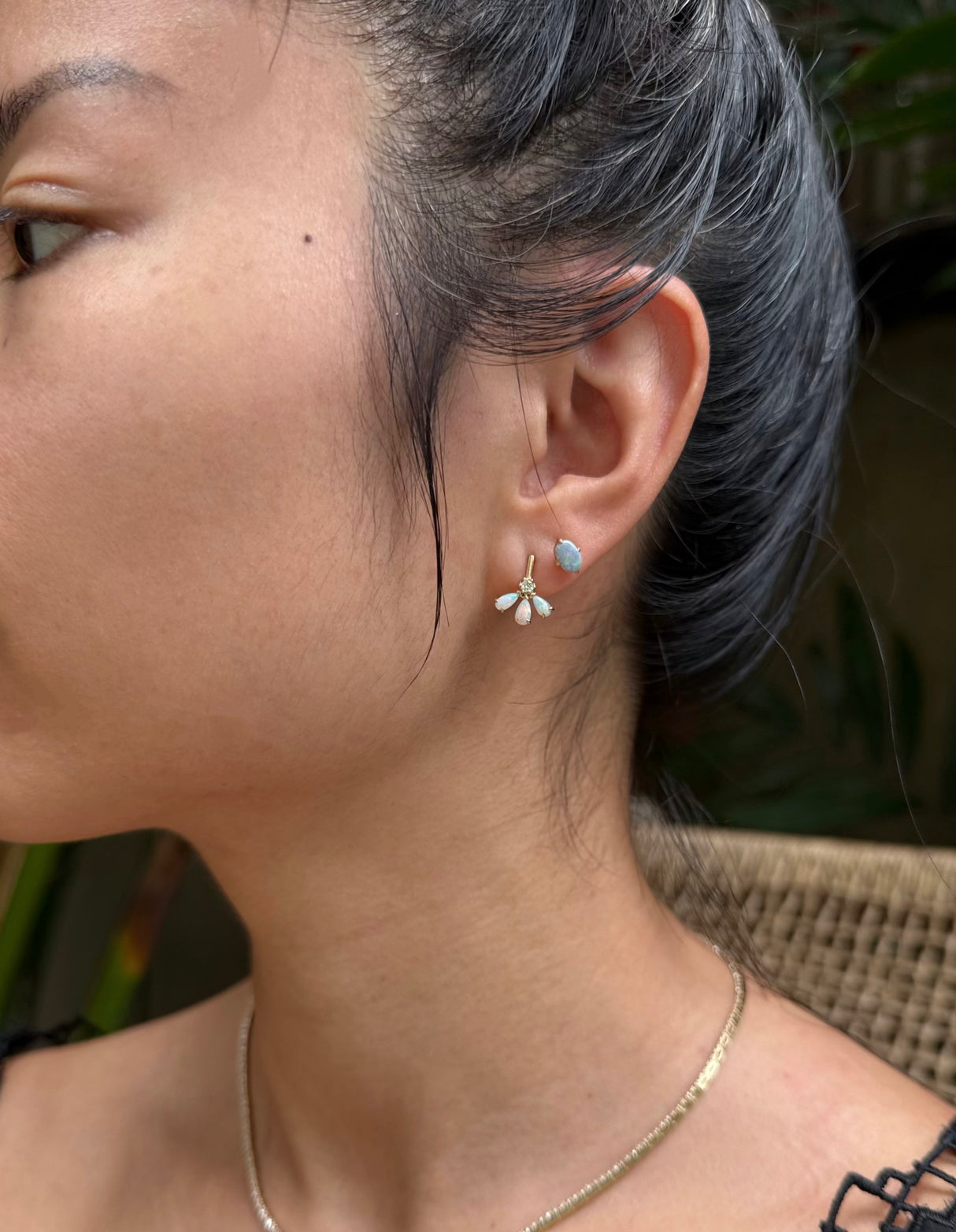 Opal & Diamond Fauna Earrings 18K Gold Handmade Fine Jewelry on model 3