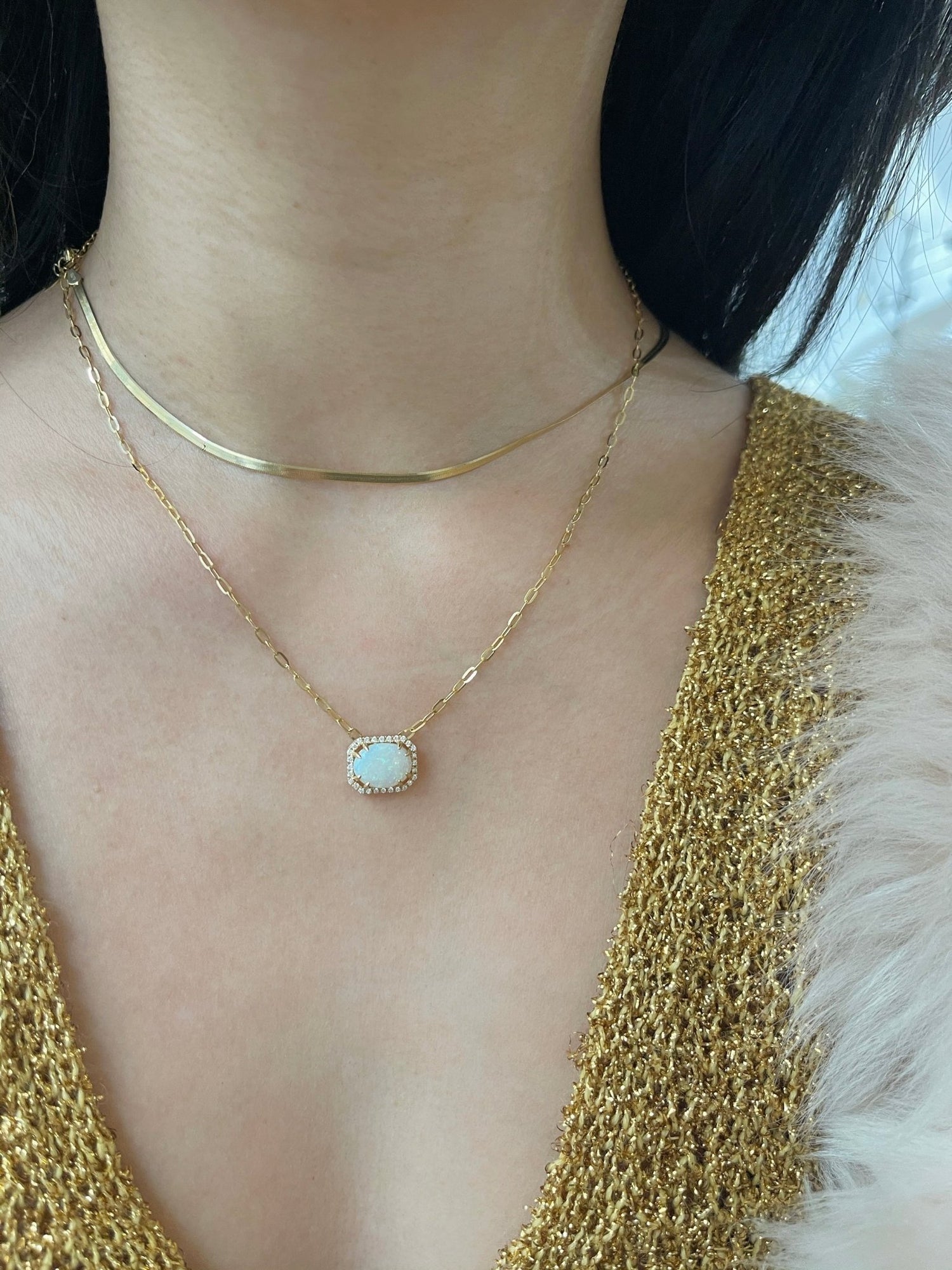 Opal & Diamond Portrait Necklace 18k gold handmade fine jewelry on model